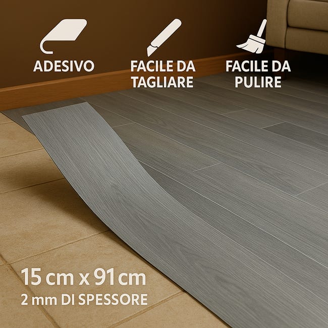 Soglia Porta Adesiva Profilo Di Transizione Autoadesivo Per Pavimenti - 5cm X 2m, Vinile Morbido - Per Laminato, Piastrelle, Parquet (Rovere Grigio) Parquet Laminato Incastro - Foto 2