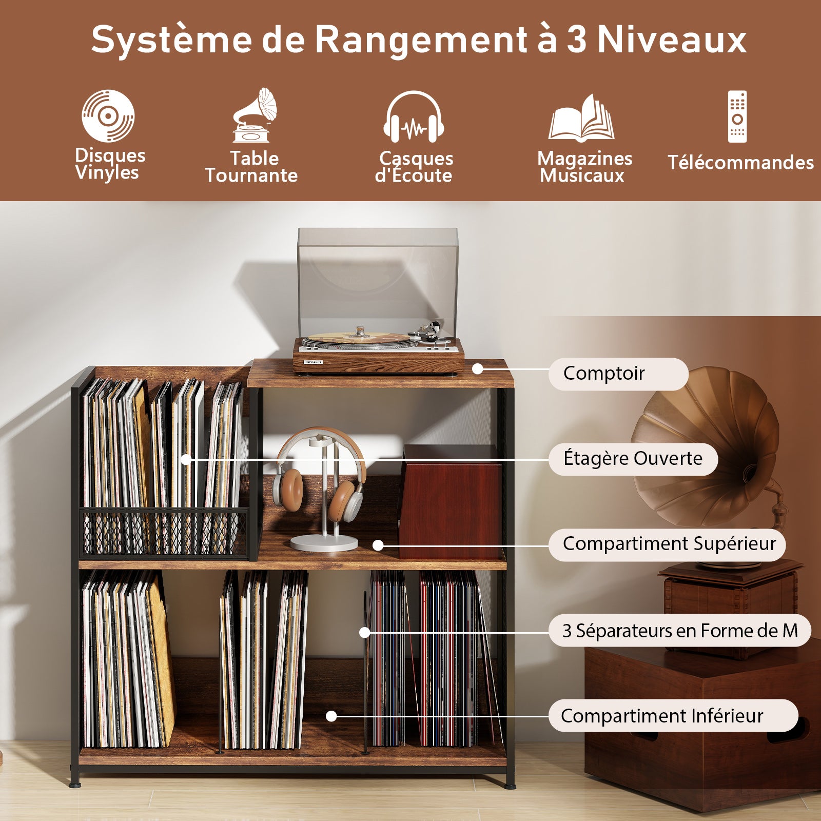 Support pour Platine Vinyle à 3 Niveaux jusqu'à 300 Albums, Table de Chevet avec 3 Diviseurs Amovibles et Structure Métallique, Marron Rustique - 4