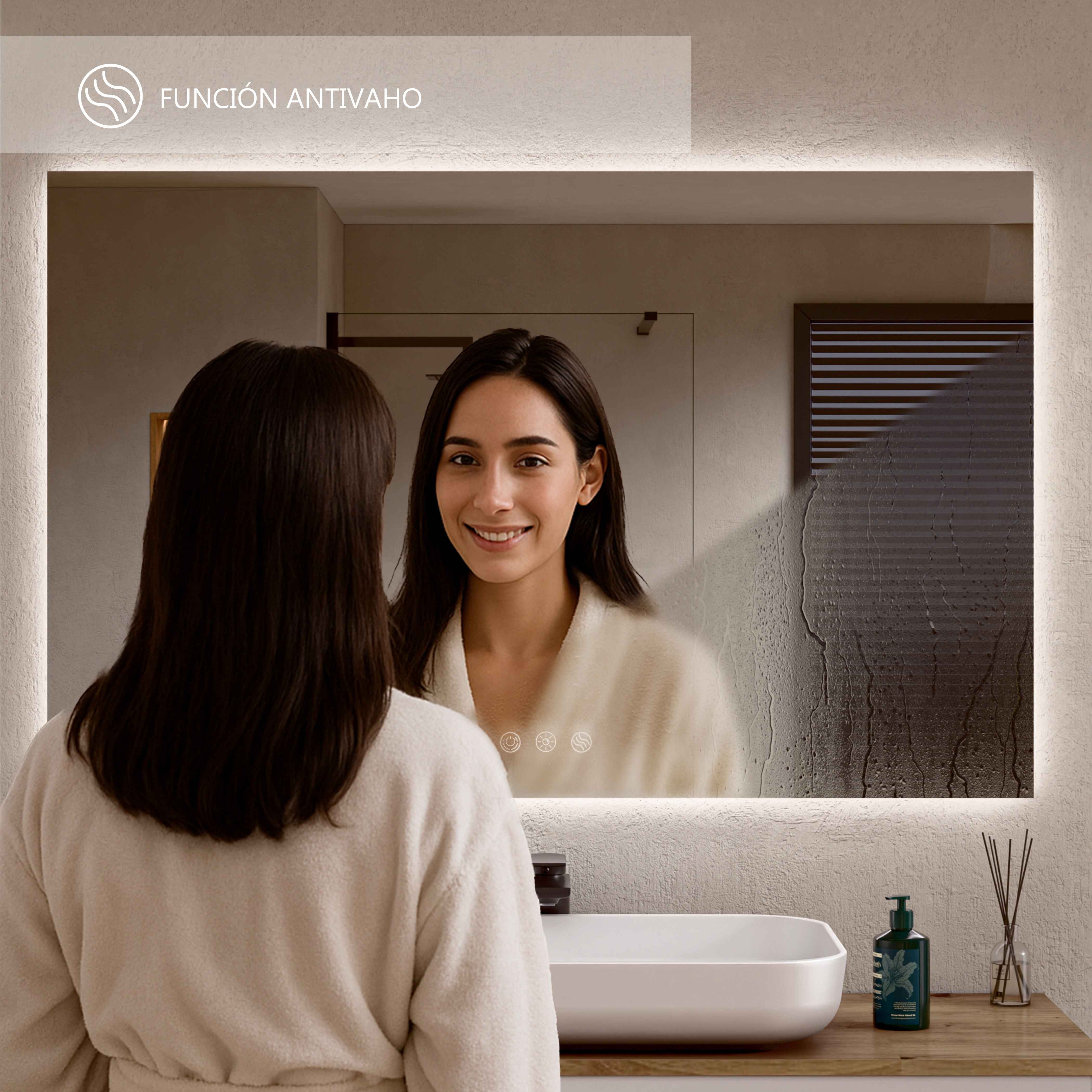 BELLOBATH - Espejo Baño con Luz Led, Luz Ajustable en 3 Colores e Intensidad, Antivaho - Luz Indirecta - 80cm alto x 100cm ancho - 7