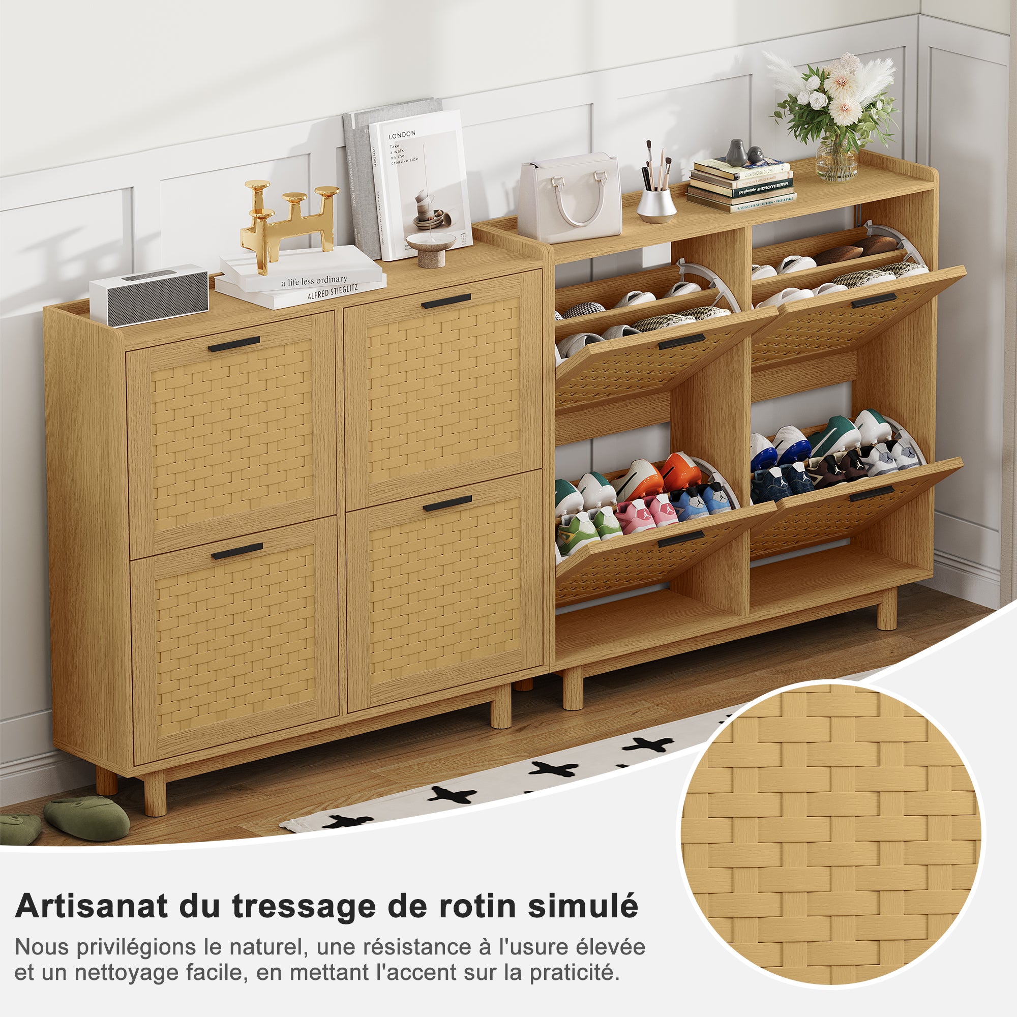 Meuble à Chaussures, Armoire à Chaussures Entree avec 4 Porte en Rotin, Meuble de Rangement à Chaussures Armoire pour Entrée, Couloir et Chambre, Bois - 7