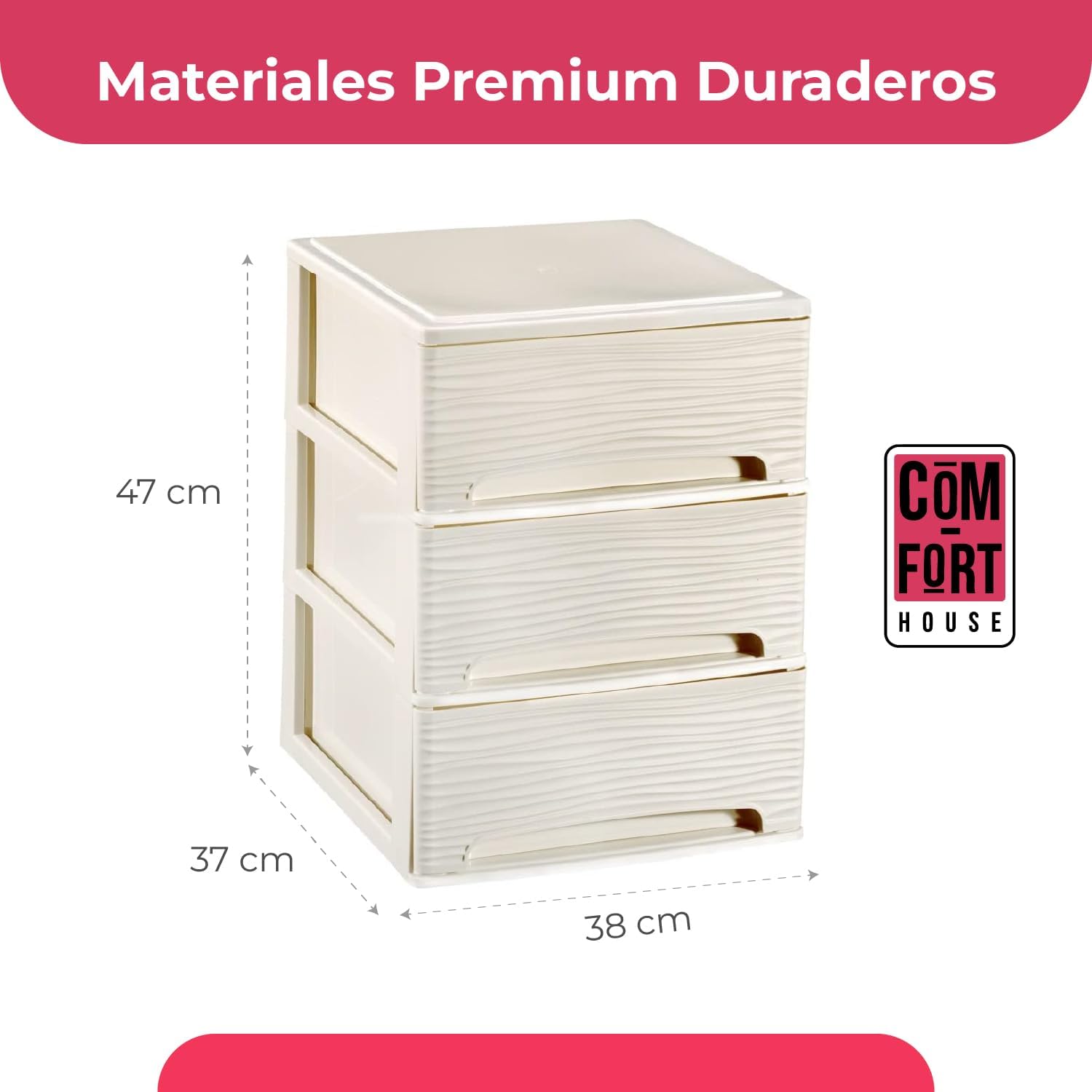COM-FORT HOUSE | Cajonera Apilable de Plástico | Modelo Ondas | Color Blanco Roto | Modelo de 3 Cajones | Cajones de Almacenamiento Modular - 2