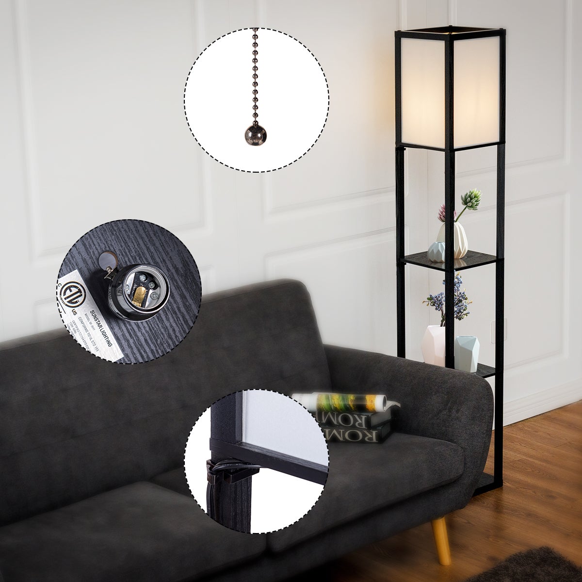 Lampa stojąca z 3 poziomami półek 220-240 V, 60 W Skandynawski design do sypialni i salonu, 26 x 26 x 160 cm, (żarówka nie wchodzi w skład zestawu) - 8