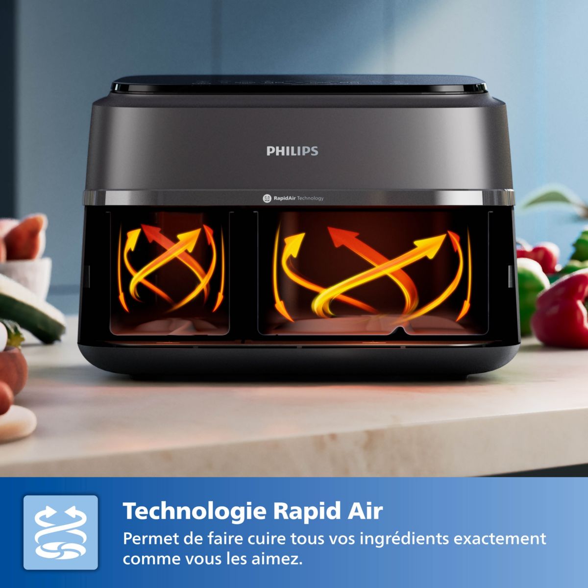 Airfryer PHILIPS NA352/00 Friteuse sans huile double panier Noir/Doré, Série 3000 9L (3+6L) - 3