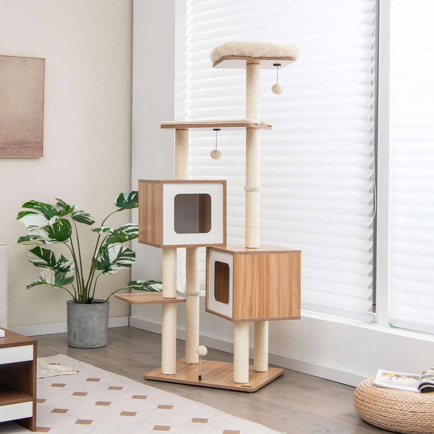 Árbol para gatos de madera de 163 cm, 6 niveles, con plataformas, compartimentos, cojines cómodos, postes de sisal, pelotas, color natural - 9