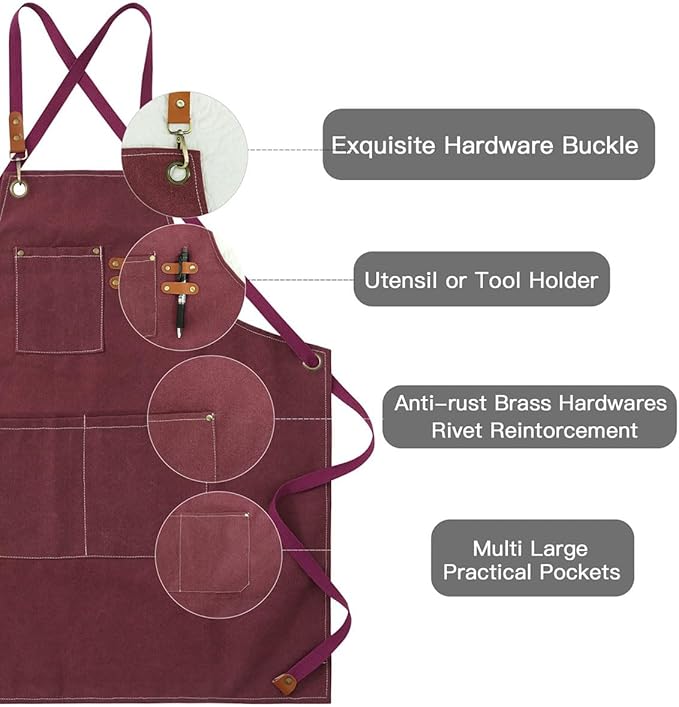 Delantal de trabajo de lona resistente para hombre con 3 bolsillos, ajustable, para cocina, barbacoa, soldadura y taller. - 5
