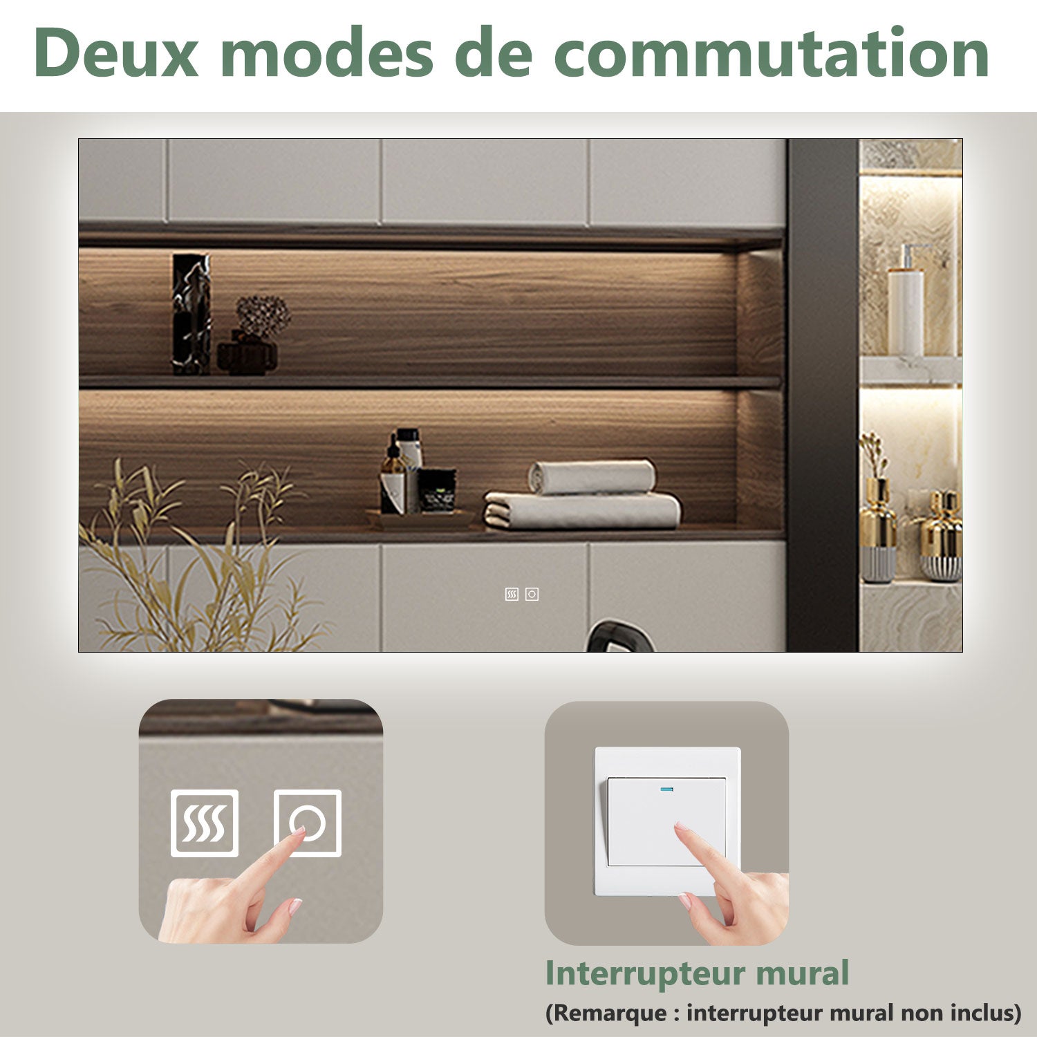 AICA Miroir lumineux rectangulaire 100 x 60cm, 3 couleurs + dimmable + anti-buée + mémoire, miroir salle de bain led - 6
