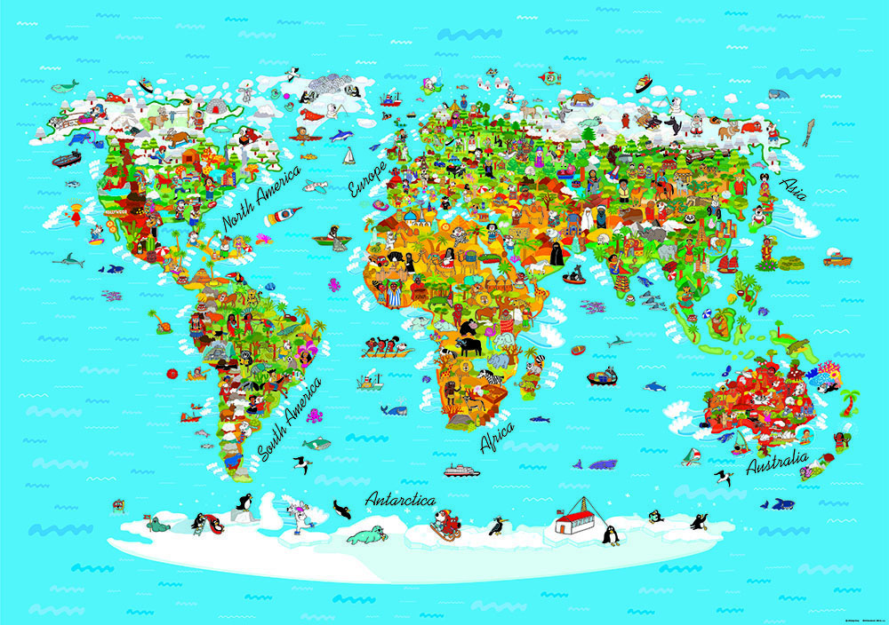 Fotomural mapa mundial para niños azul, amarillo y verde - 360 x 270 cm - sanders & sanders