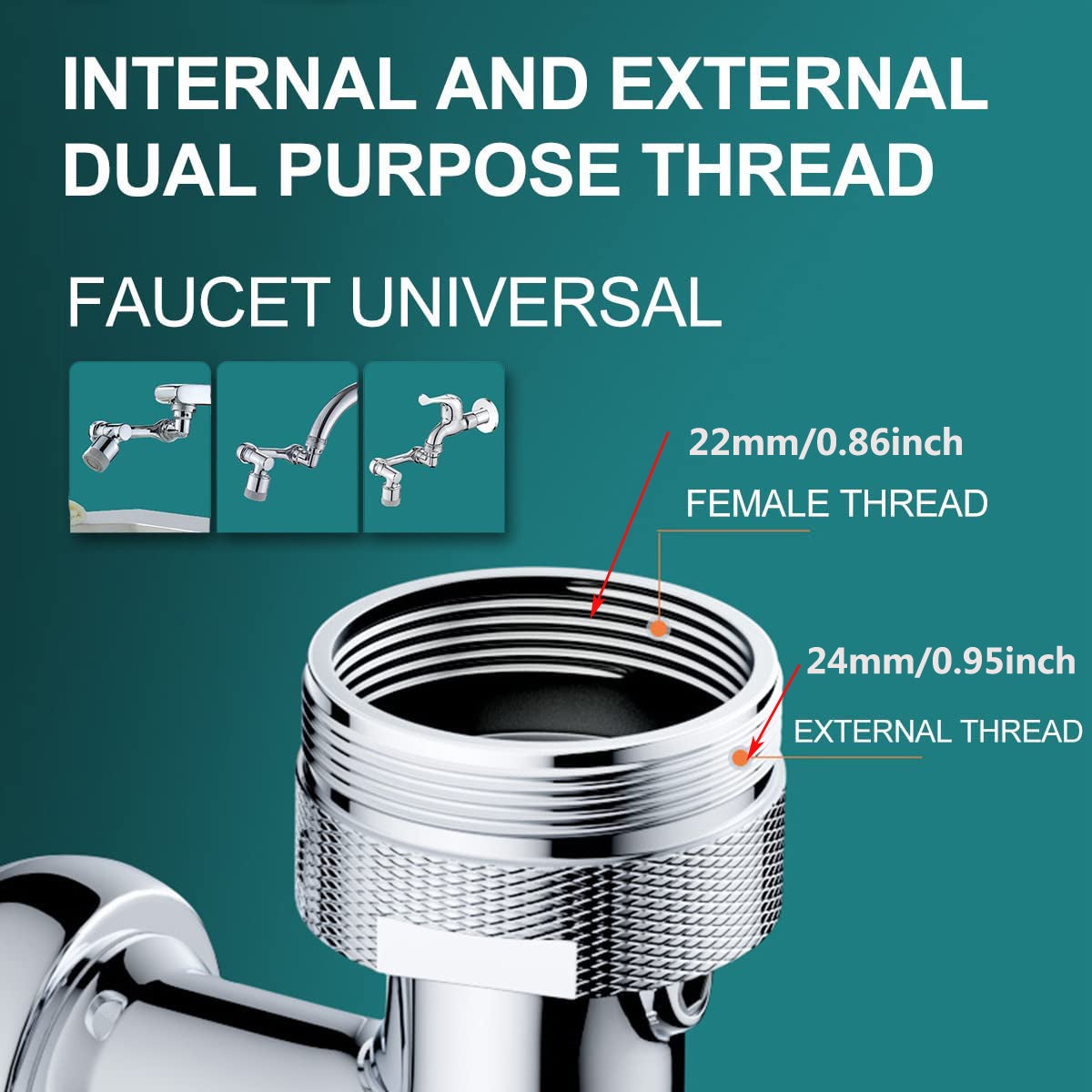 Rallonge de robinet universelle pivotante 1080°, fil extérieur 24mm/0.95inch, accessoire de lavage du visage avec 2 sorties d'eau - 2