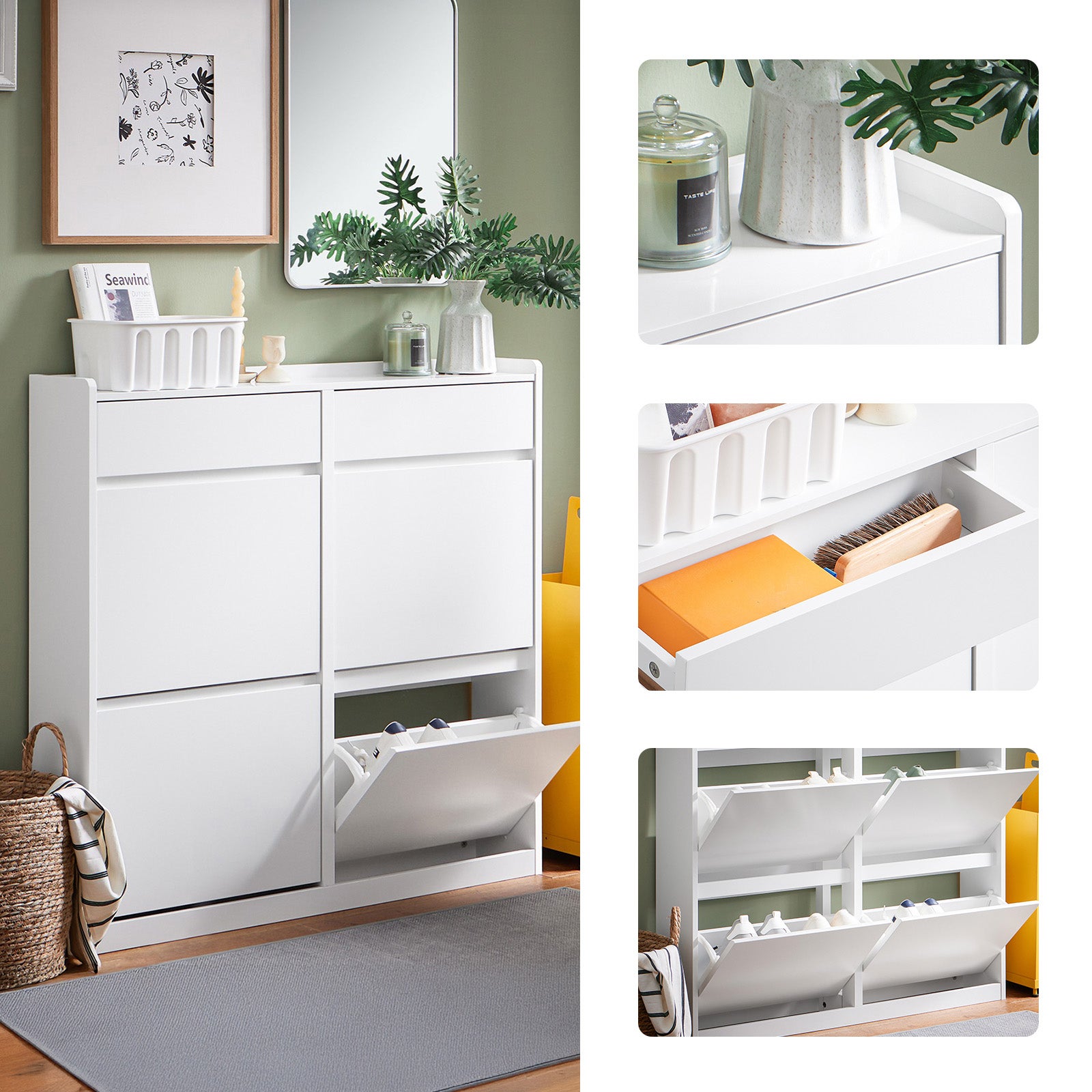 SoBuy Meuble à Chaussures Meuble d'entrée Meuble de Rangement à Chaussures, Blanc, 2 Tiroirs et 4 Portes, FSR169-W - 9