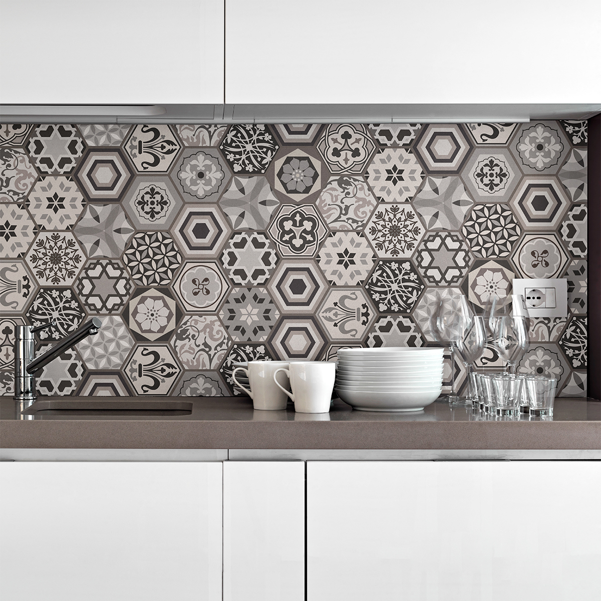 Vinilo azulejos hexagonales antiguo tonos de gris - adhesivo pared - sticker revestimiento - 28stickershexagones15x13,5cm