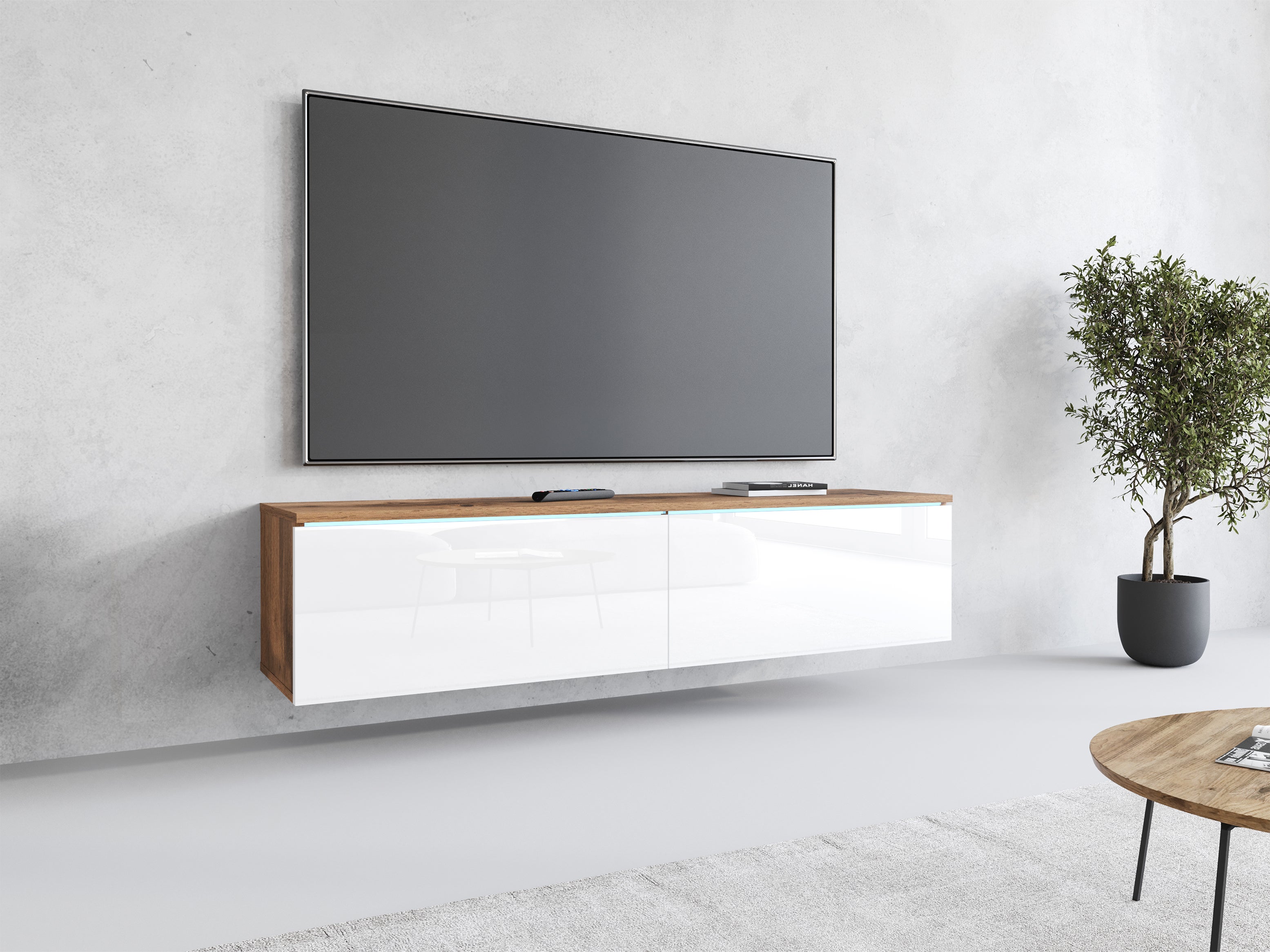 Meuble TV Lowboard D140 Chêne Wotan/Blanc brillant, Nombre de portes : 2, 140x30x31 cm - 7