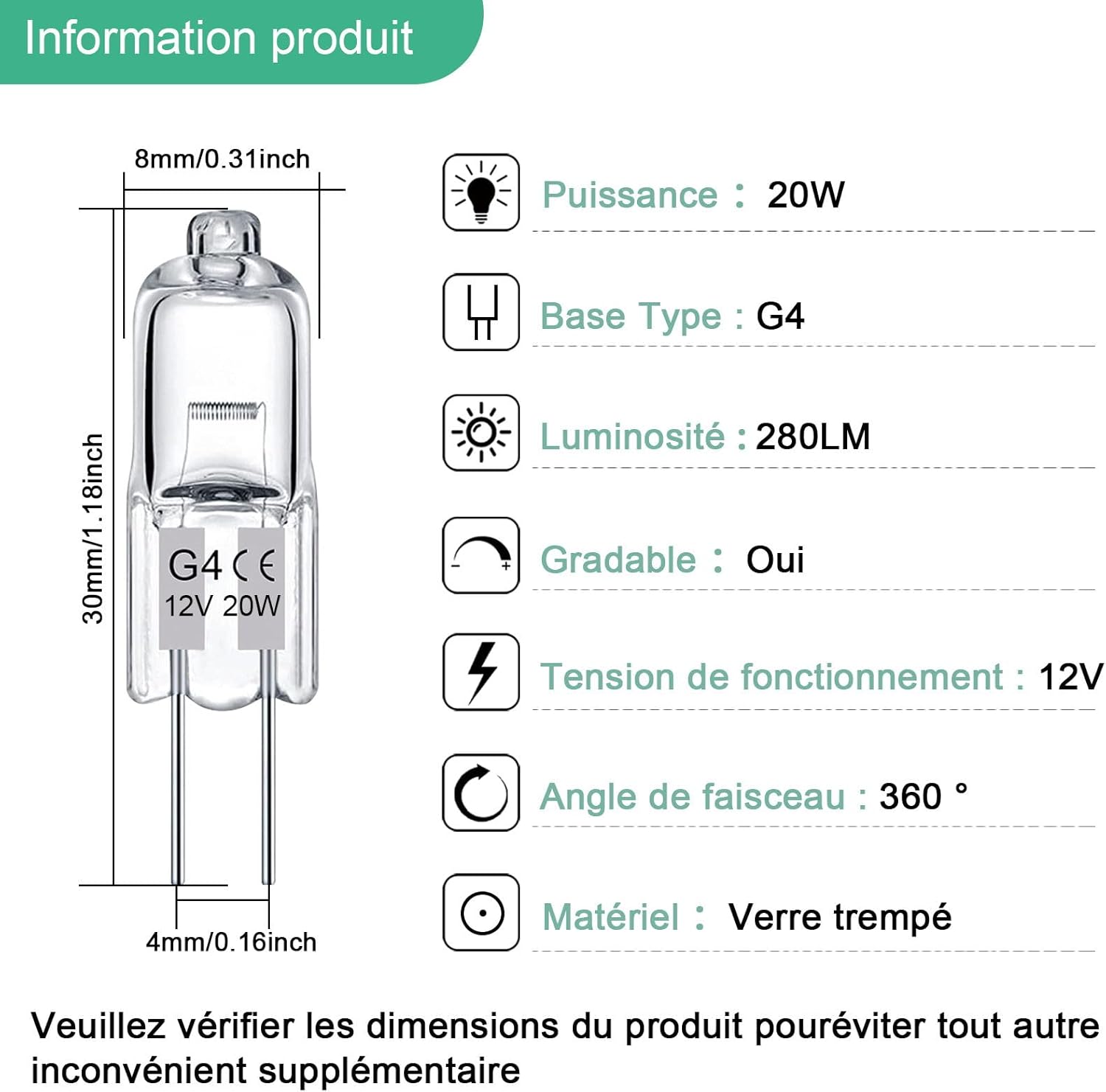 Ampoules Halogènes G4 12V 20W - Blanc Chaud 2700K, Dimmable, Résistantes à 300°C, Lot De 4, Pour Four, Hotte - 3