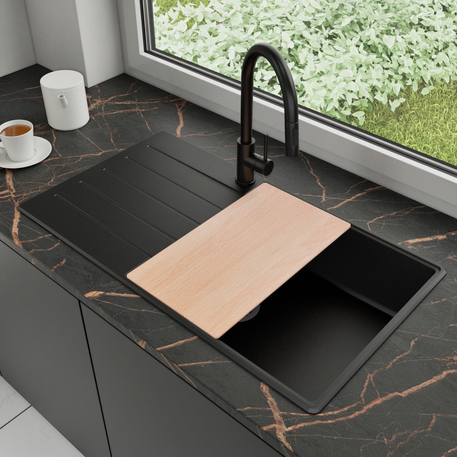 Zlewozmywak Granitowy 90x50cm, do szafki od 60cm + Bateria + Syfon + Deska - Ametyst Czarny STONESTYLE