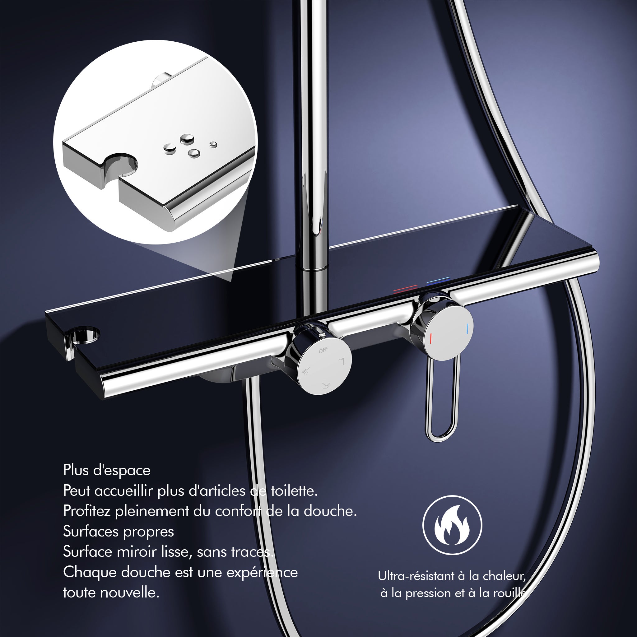 Columna de Ducha Cromada con Estante de 40 cm, Ducha de Mano con 5 Modos, Efecto Cascada y Almacenaje Práctico - 3