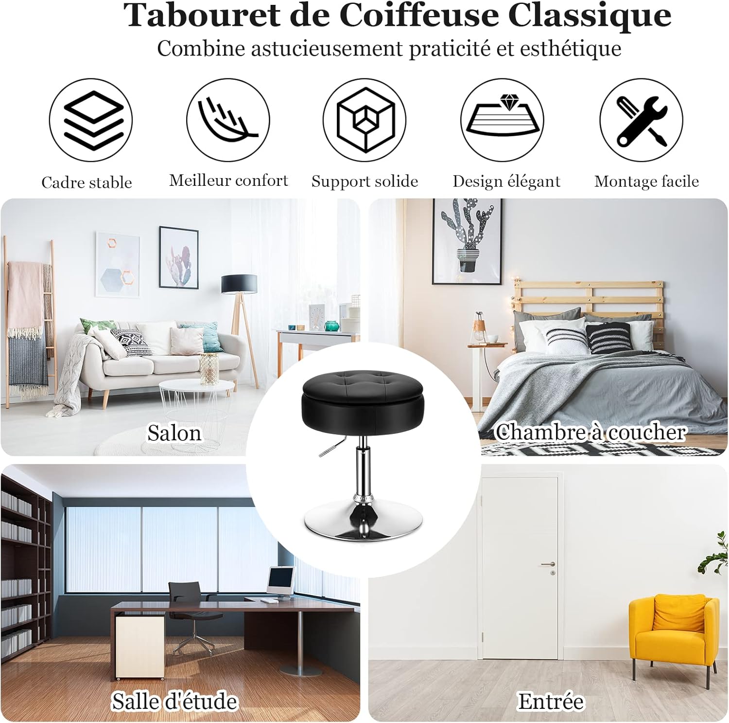 Taboret do Makijażu Obracany o 360°, Toaletki z Miejscem do Przechowywania, Wysokość Siedziska 51-66 cm, Tapicerowany, Nowoczesny (Czarny) - 8