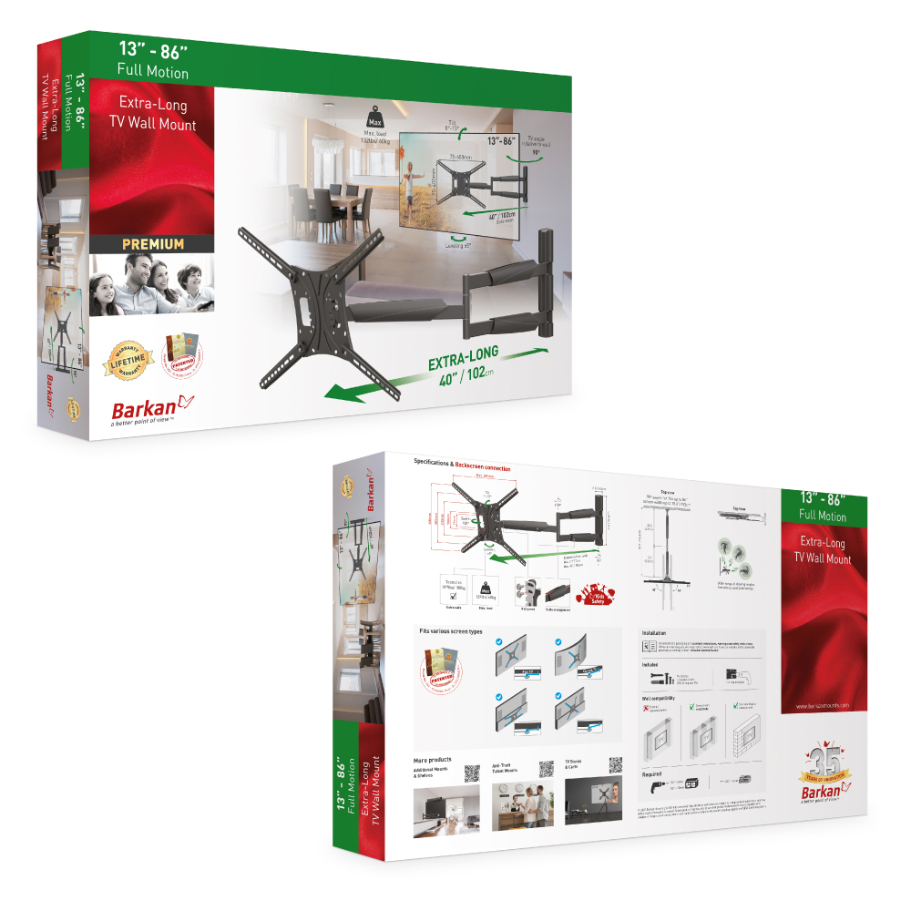 Barkan Longueur 102cm Support TV Mural pour écrans 13 - 86 Pouces, Inclinable et orientable, Mouvement Complet, Poids max. 60Kg, extra extensible, pou - 5