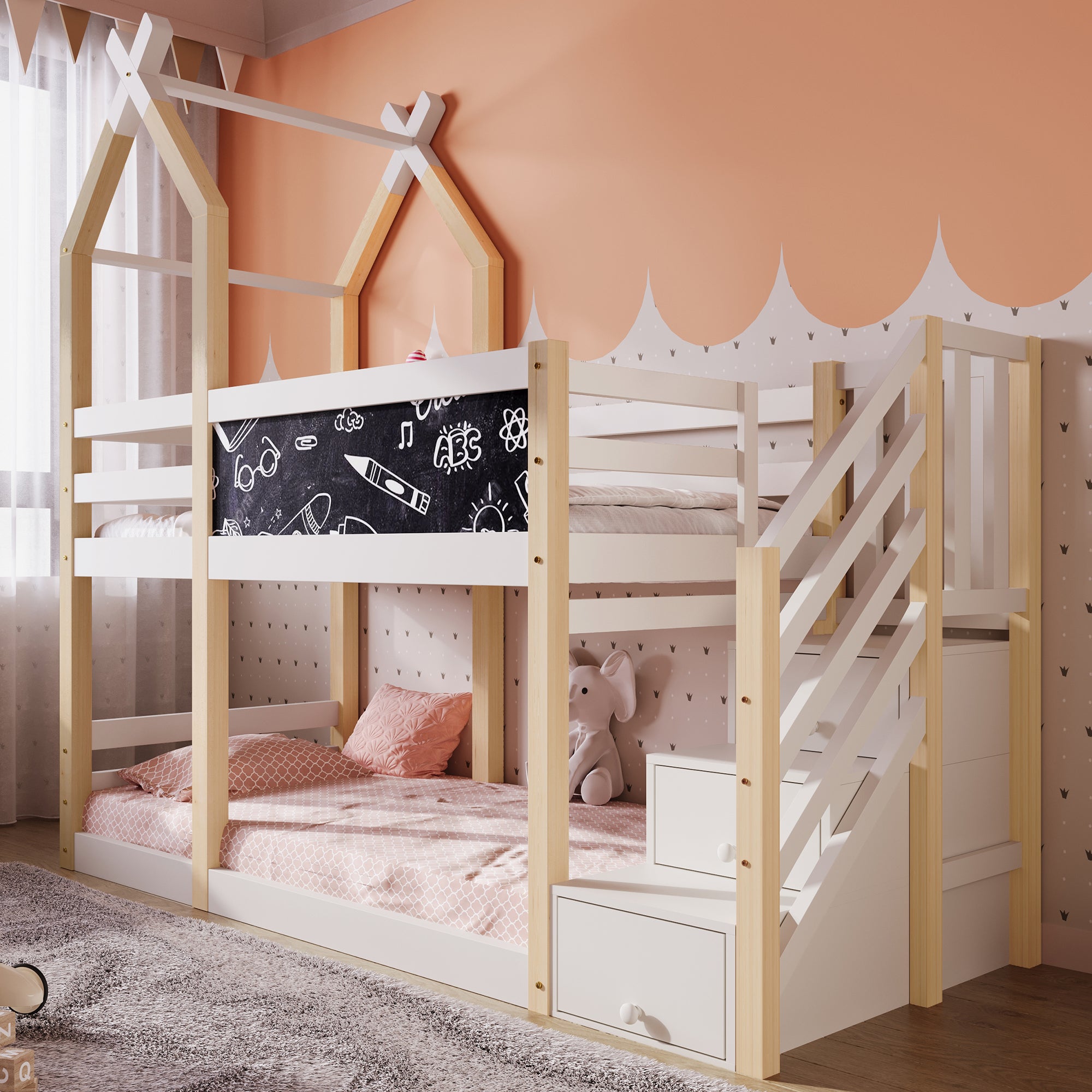 Lit superposé 90x200 cm – style cabane avec tableau noir, rangements et barrière de sécurité – naturel et blanc - 2