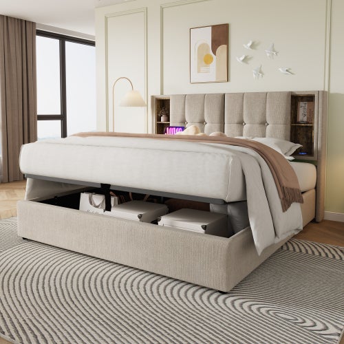 Lit coffre Lit double lit 160x200cm lit rembourré ,avec chargement sans fil USB C, sommier à lattes en bois, lin ,Beige - 3