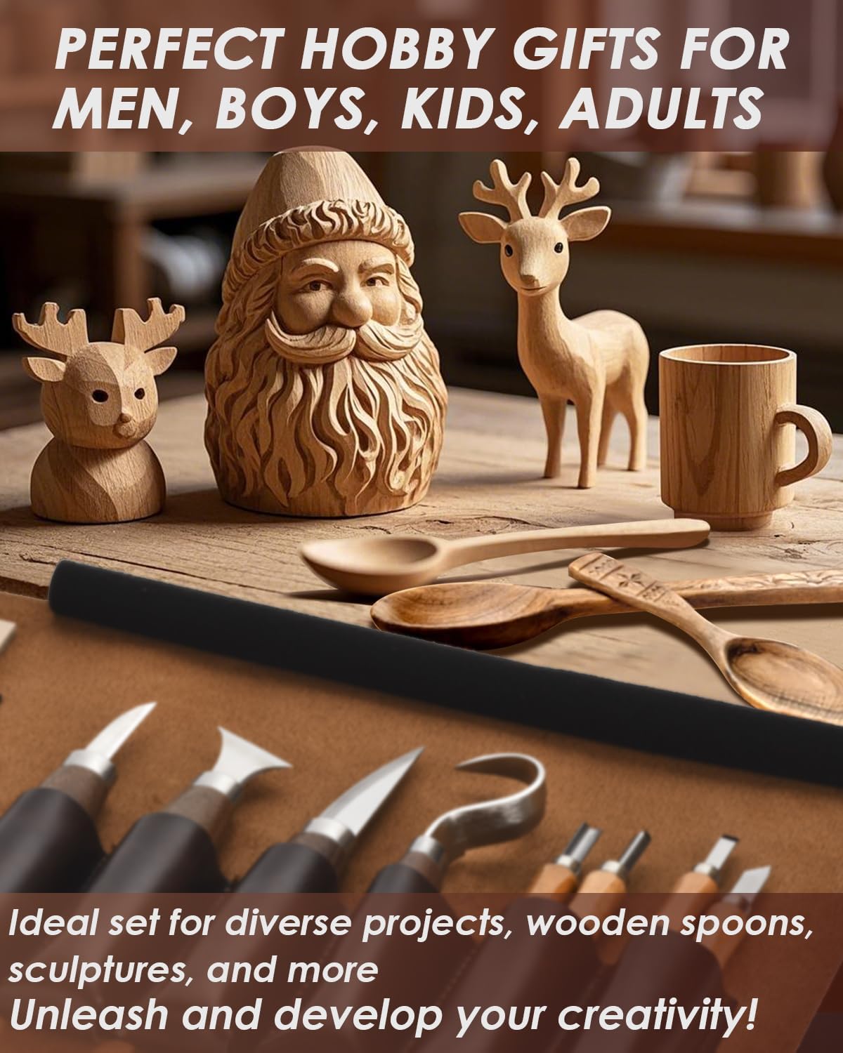 Kit de sculpture sur bois avec ciseaux à bois : Ensemble professionnel de sculpture sur bois, 25 outils à main de luxe avec étui en cuir - 3