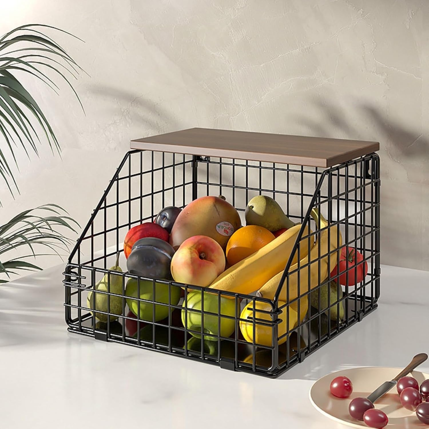 Cesti frutta impilabili con coperchio in legno, cesto a muro con 2 ganci per cucina, organizzatore salvaspazio per il banco cucina - 3