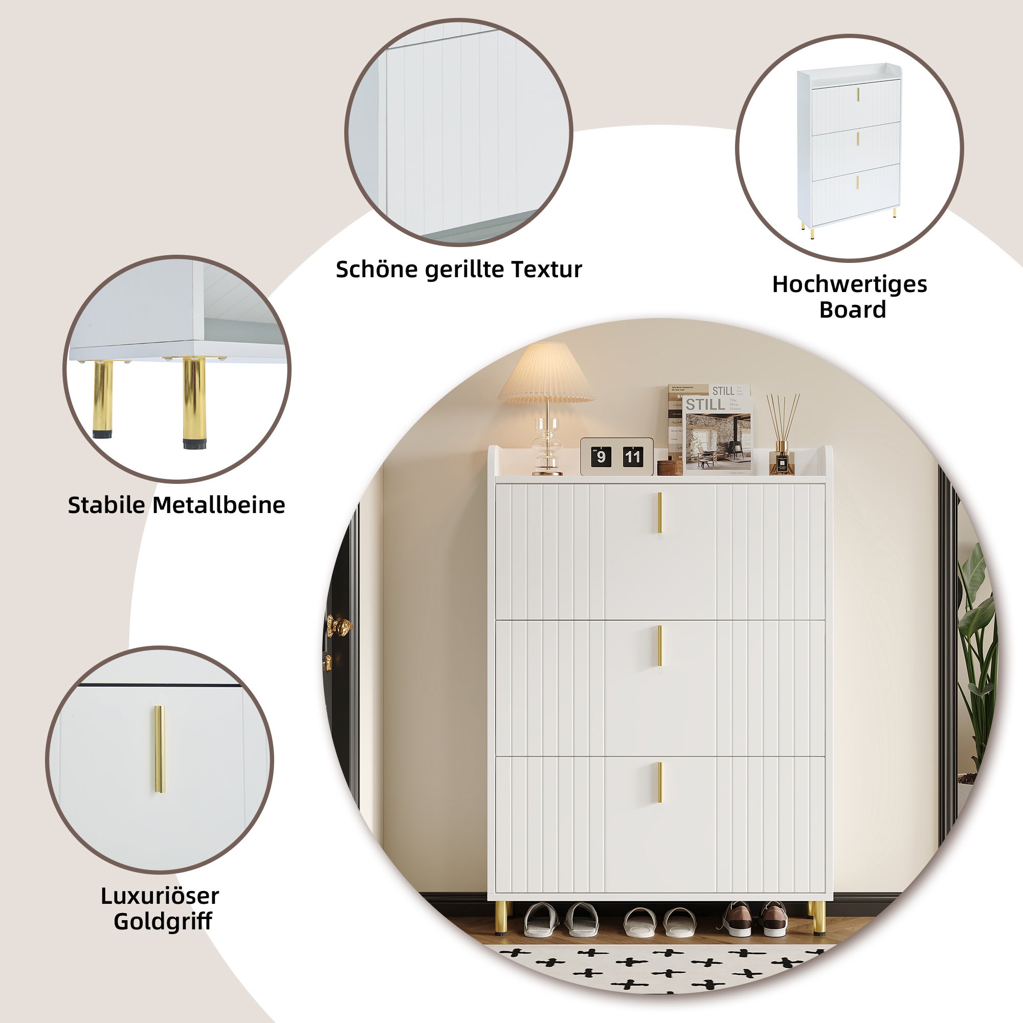 Meuble à chaussures avec 3 compartiments - 80 x 23.5 x 123.5 cm - Dispositif anti-basculement - MDF - Blanc - 6