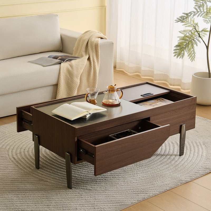 Nowoczesny stolik kawowy z 2 szufladami i szklanym blatem - 105 x 50 x 41,5 cm - Szkło, MDF - do salonu - Brązowy, ciemnoszary