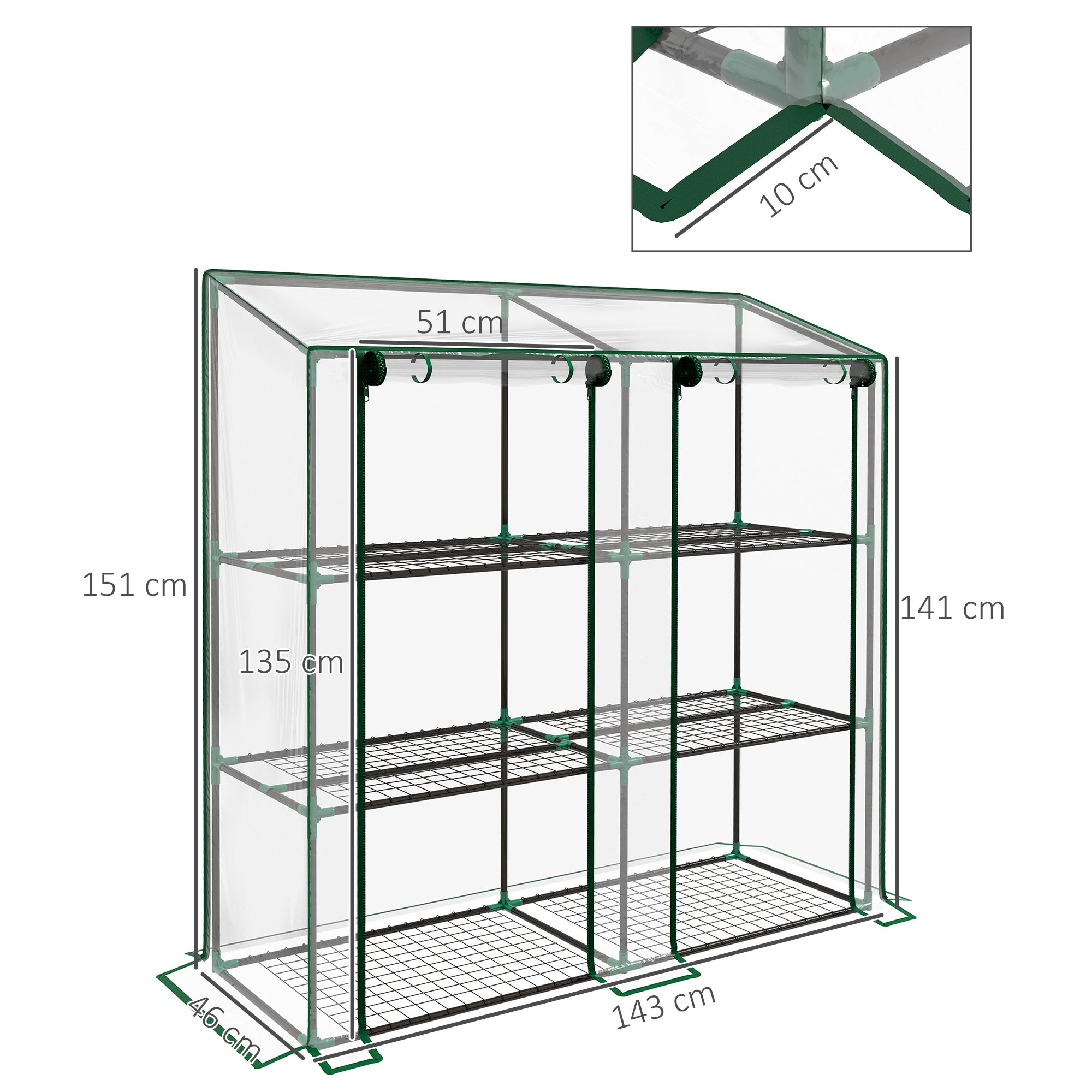Mini serre de jardin 3 niveaux avec bâche en plastique, 2 portes enroulables, 6 étagères, dim. 143L x 46l x 141/151H cm - 5