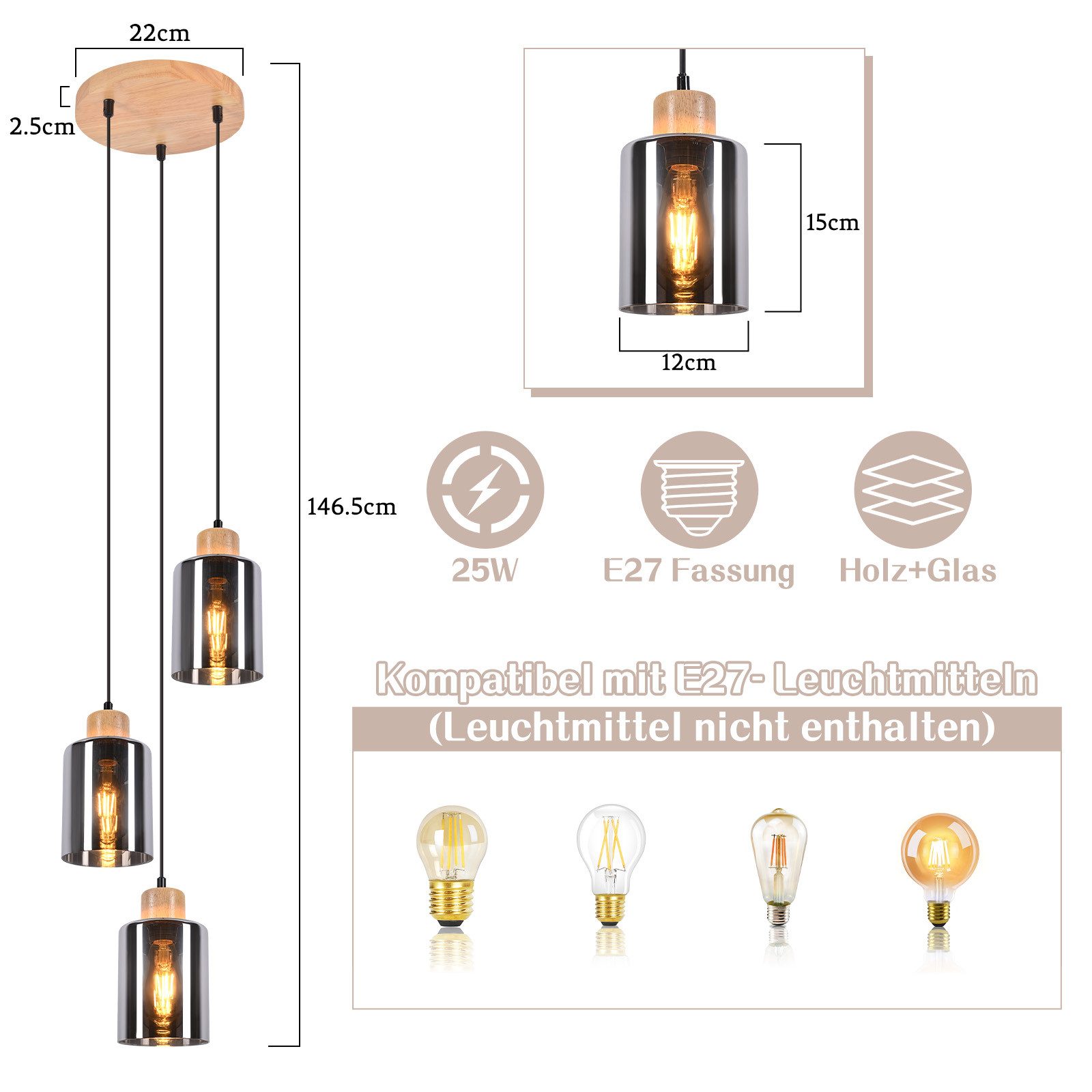 NETTLIFE Suspension en bois, lampe suspendue E27, lampe de table à manger vintage en verre - 3