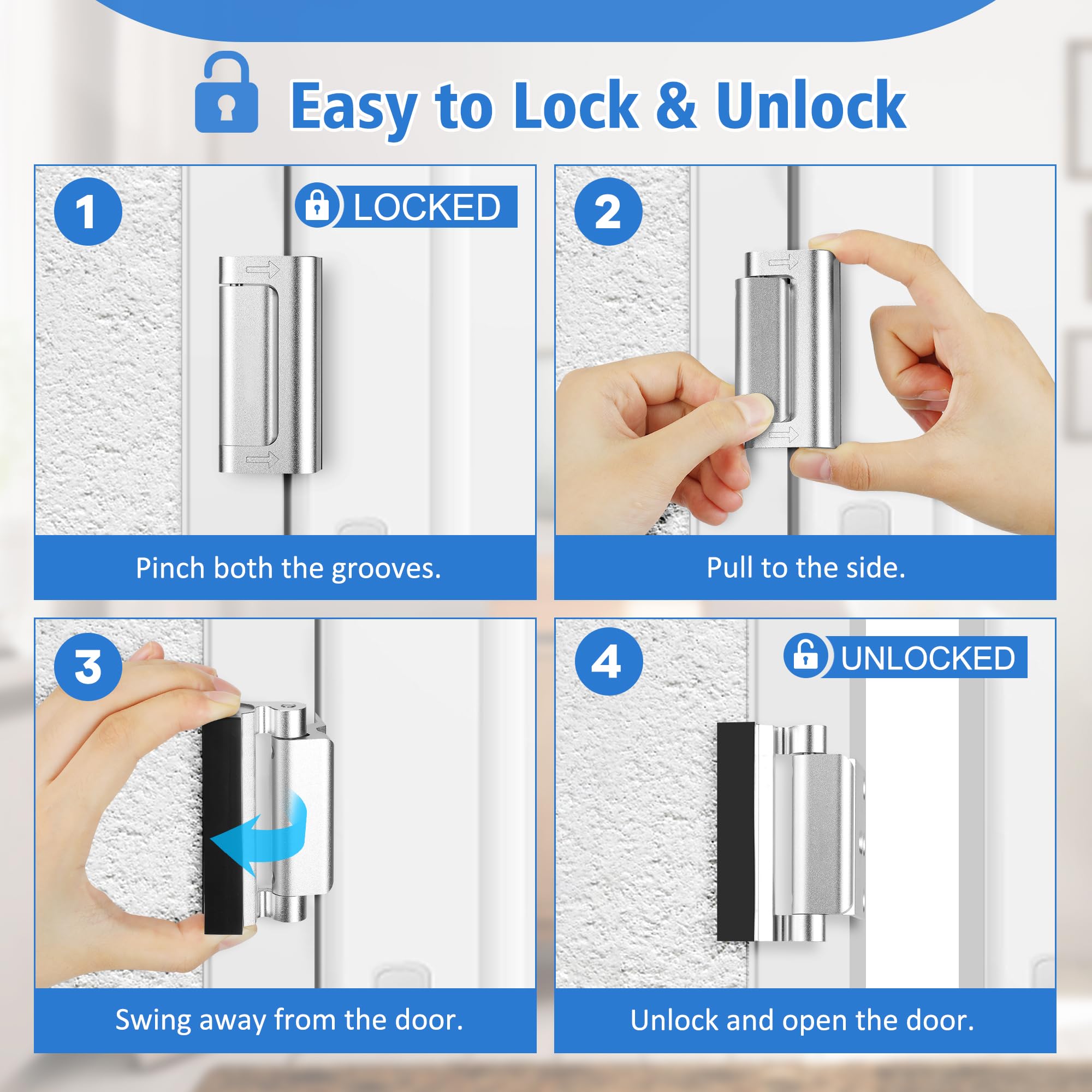 Serratura di rinforzo per porte, serratura di sicurezza per porte domestiche, serrature per porte a prova di casa Resiste a 800 libbre - 4