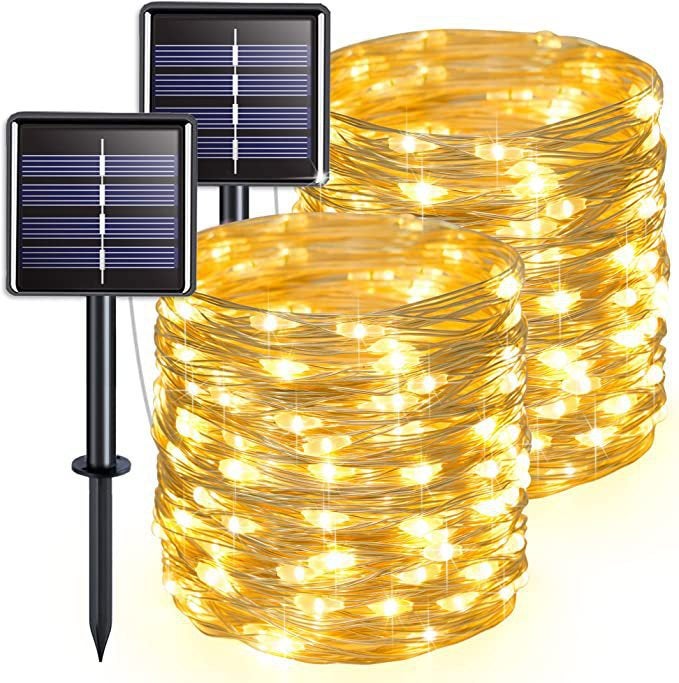Zestaw 2 lampek solarnych do użytku na zewnątrz, drut miedziany, wodoodporny, 42 metry na lampkę, 400 diod LED (ciepłe światło)