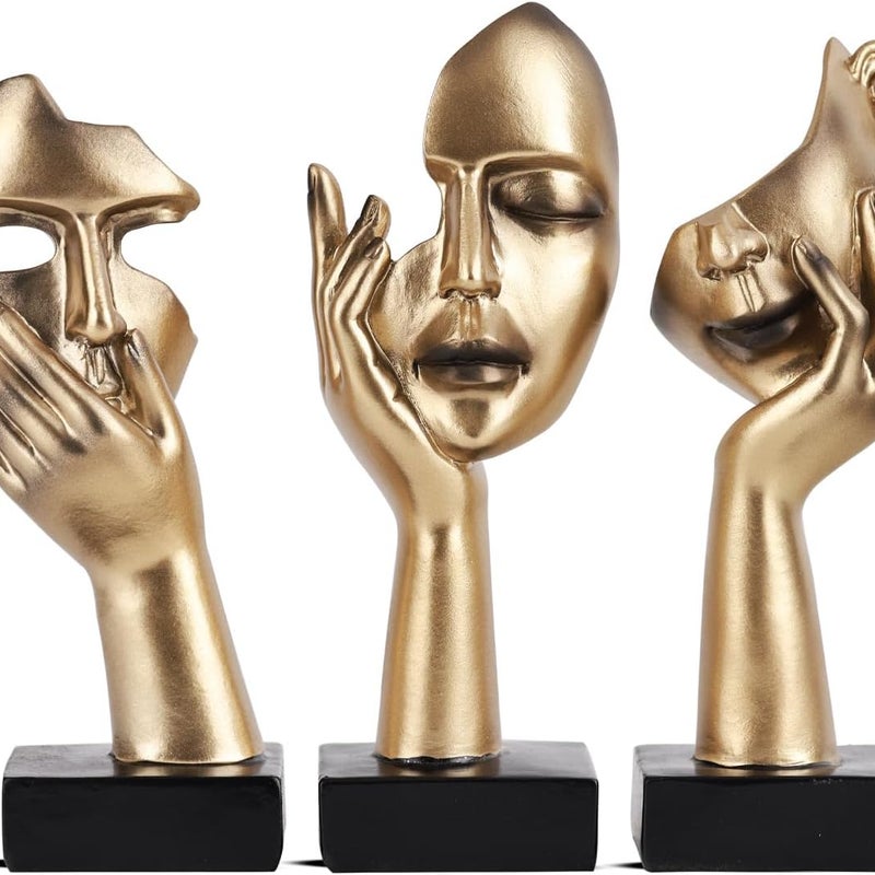 Zestaw 3 statuetek myślicieli, abstrakcyjne rzeźby w kolorze złotym i czarnym, dekoracja biurka, prezent na Boże Narodzenie i Nowy Rok (3 złote eleme