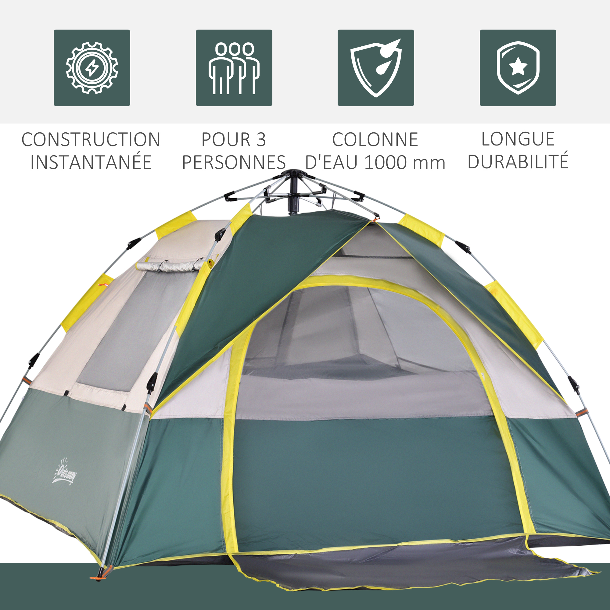 Tente de camping pop up 3 personnes avec sac jaune gris vert - 5