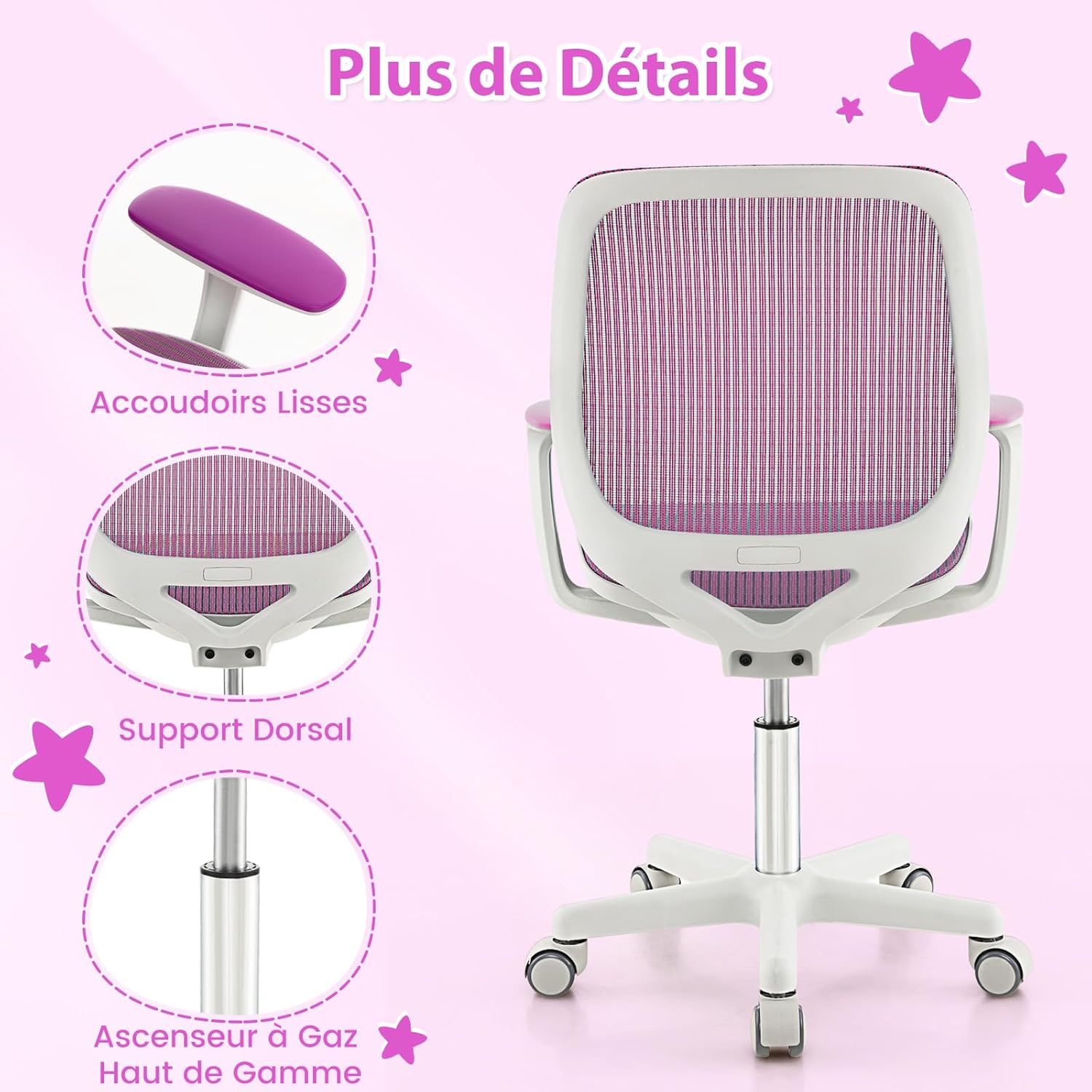 Silla de Escritorio para Niños, Silla Infantil Giratoria para Computadora con Altura Ajustable, Ruedas con Freno, Reposabrazos Lisos, Silla Er - 7