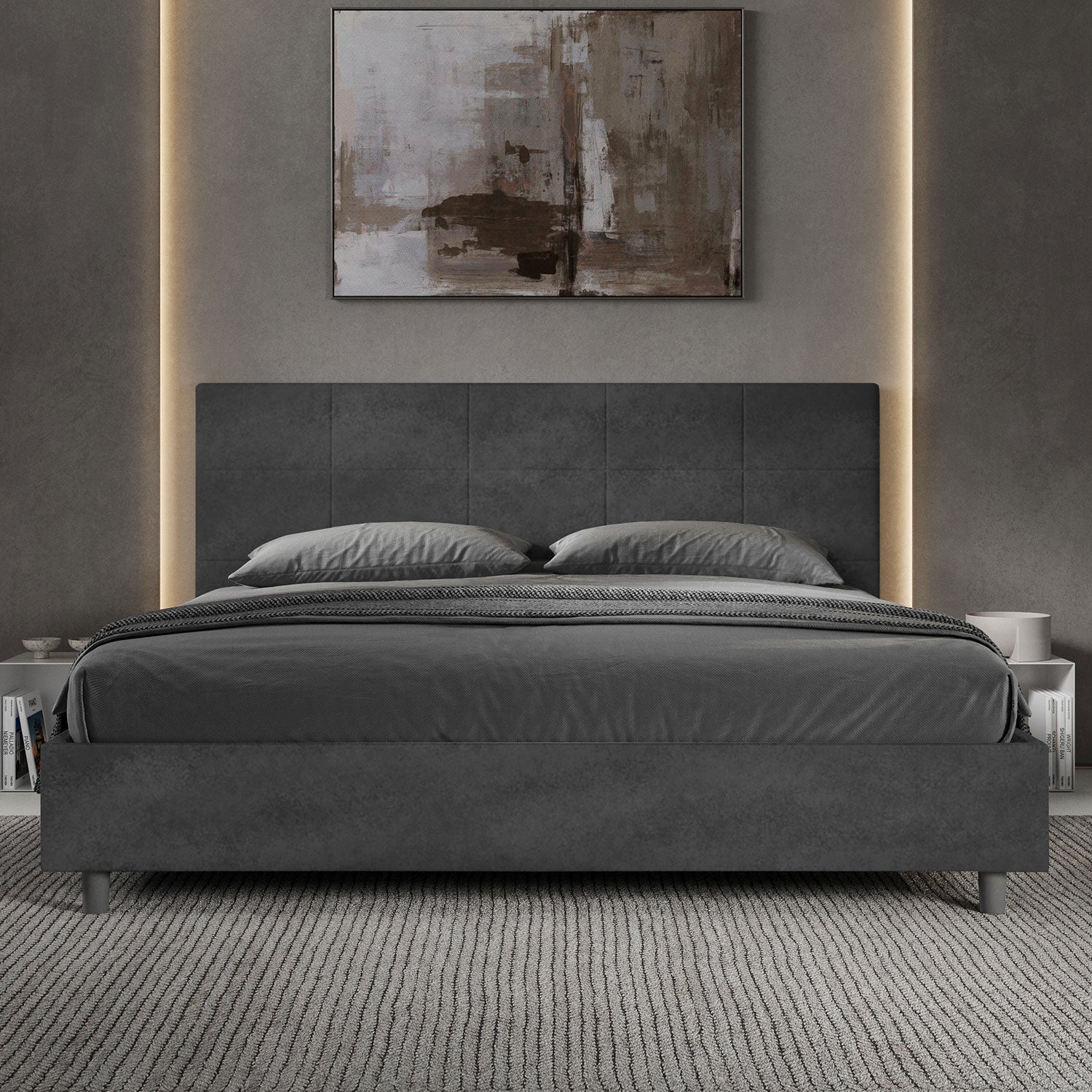 Letto In Metallo Grigio Canna Di Fucile Super King Size | Design Moderno, Testiera Decorativa | Novogratz Bushwick, Struttura Robusta