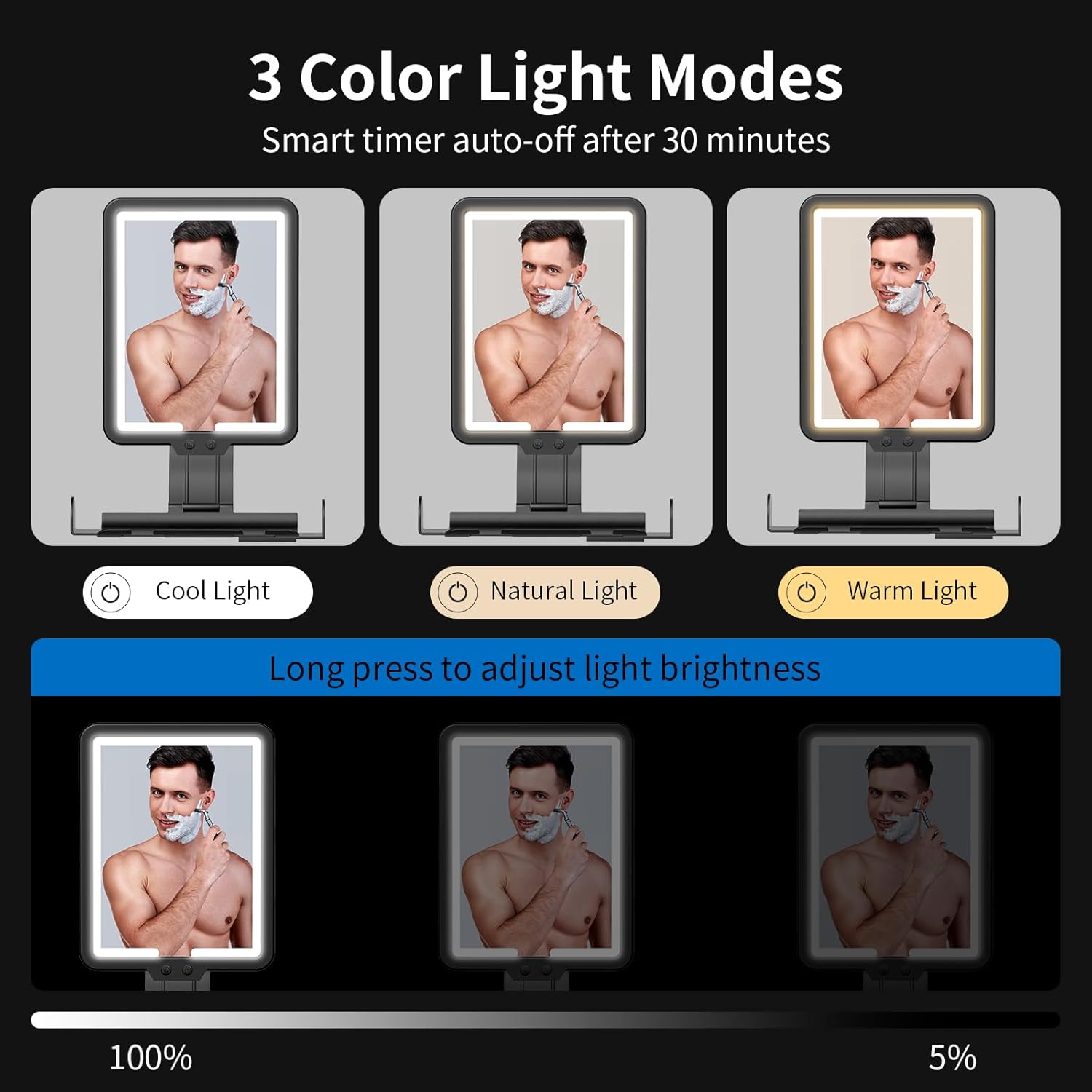 Lustro prysznicowe z powłoką antyparową i oświetleniem, ładowalne, 3 tryby kolorów, ze schowkiem, czarne 32×17,5 cm - 4