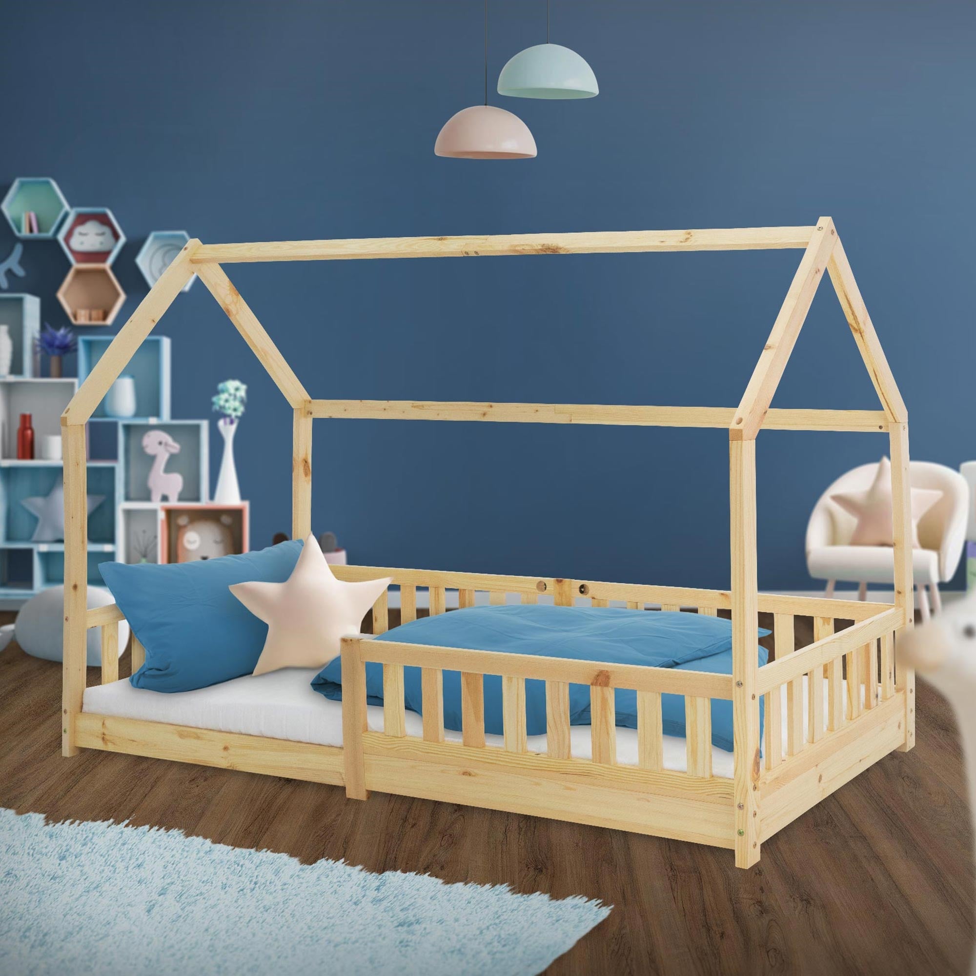 Lit Cabane Enfant 70x140 Cm En Bois Naturel Avec Matelas Et 2 Tiroirs – ML Design