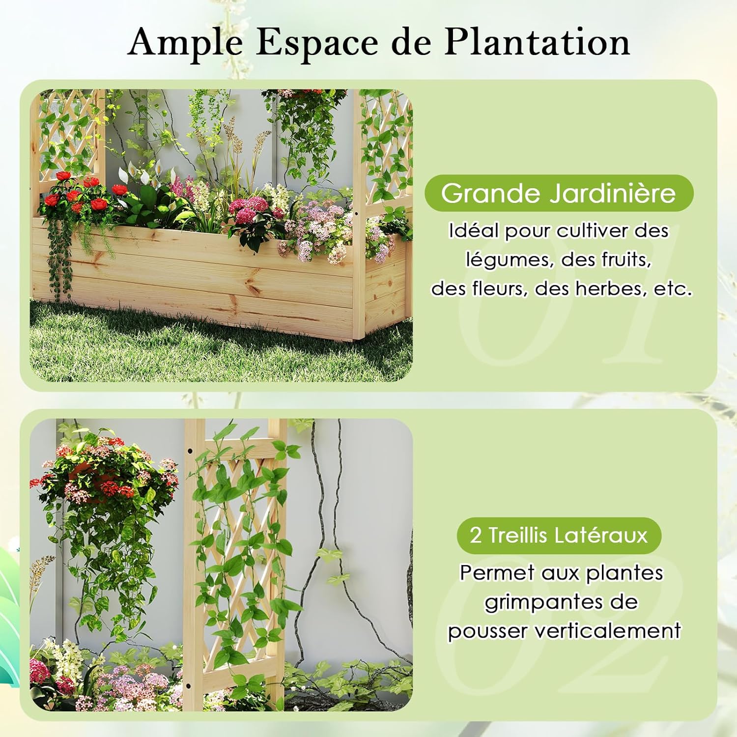 Jardinière avec 2 Treillis Latéraux Toit Suspendu en Bois Massif avec Trou de Drainage, Lit de Jardin Surélevé, 148,5 x 50 x 103,5 cm, Naturel - 4