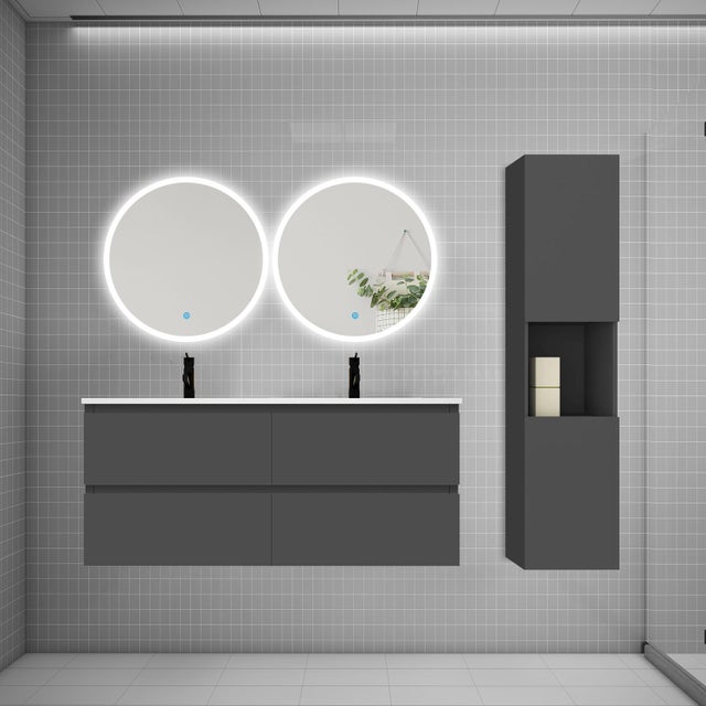 AICA Ensemble meuble double vasque L.120cm 4 tiroirs + lavabo + 2*LED miroirs rond 60cm + colonne B,anthracite