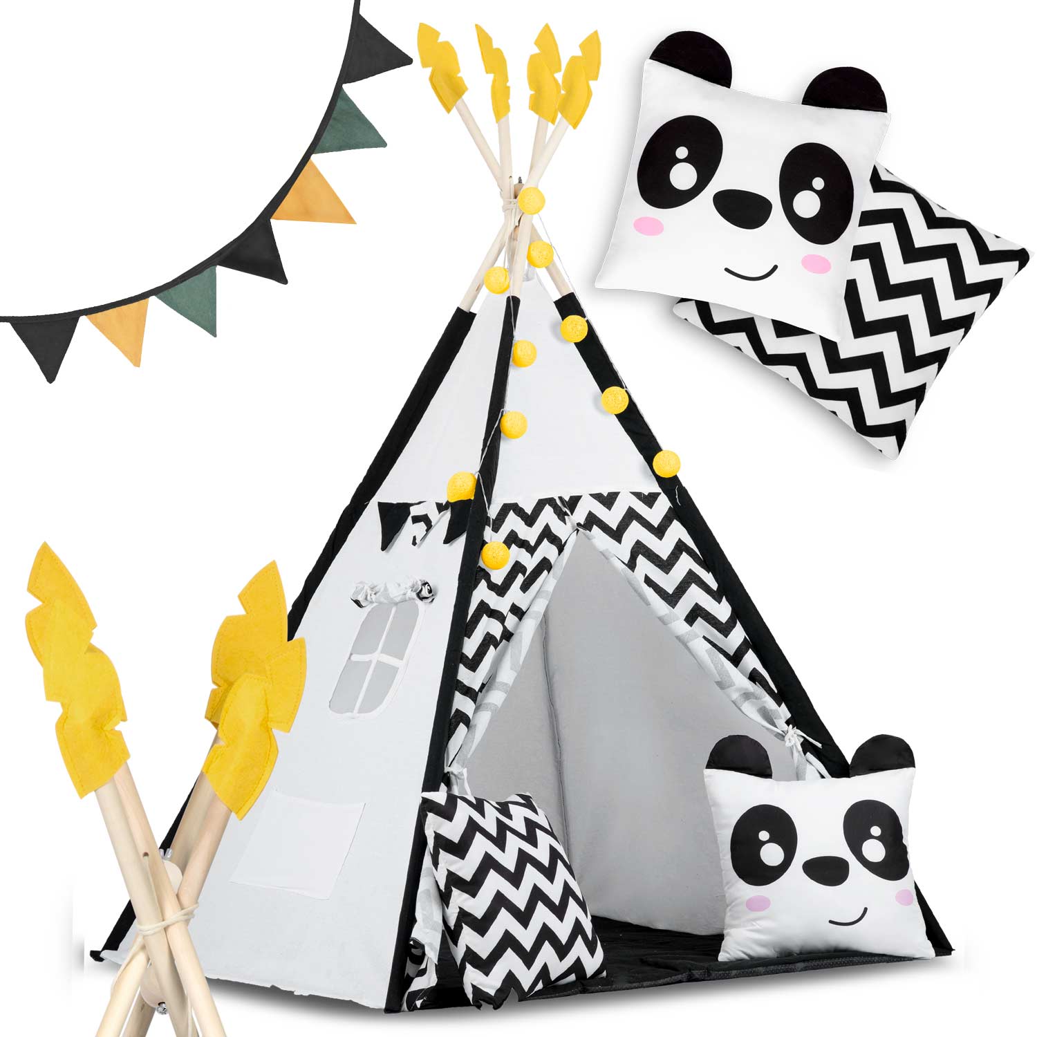 Tipi namiot wigwam dla dzieci Nukido TEEPEE biały poduszki girlanda stabilizator