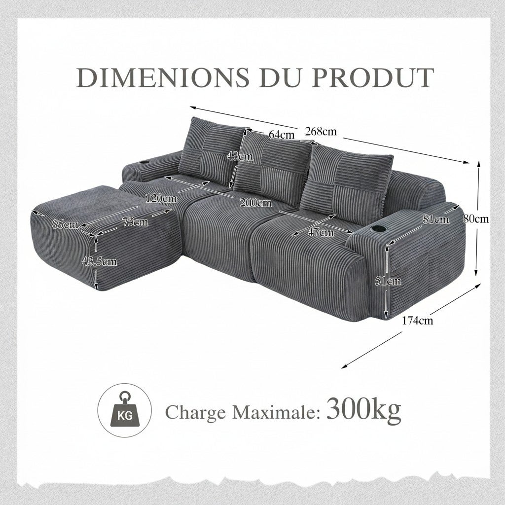 Canapé Modulable 3 Places en Velours Côtelé avec Porte-Gobelets et Rangement - Sofa Design Gris Foncé - 9