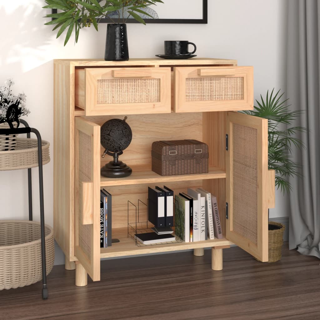 Aparador marrón madera pino maciza y ratán natural 60x30x75 cm - 3