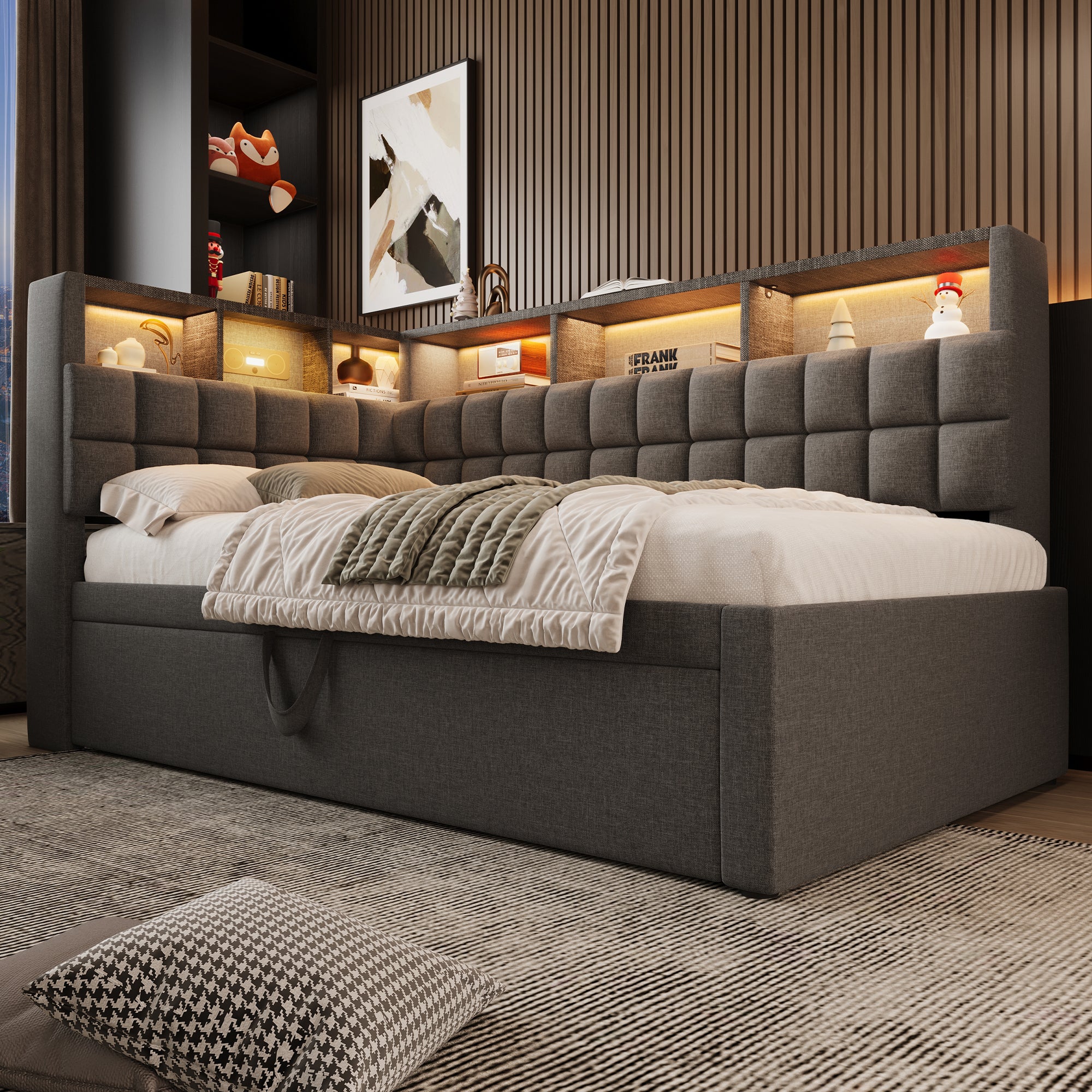Sofa rozkładana 90x200cm - z wysuwanym łóżkiem - z oświetleniem LED - z głośnikiem Bluetooth i portem ładowania - tkanina lniana - szara - 5