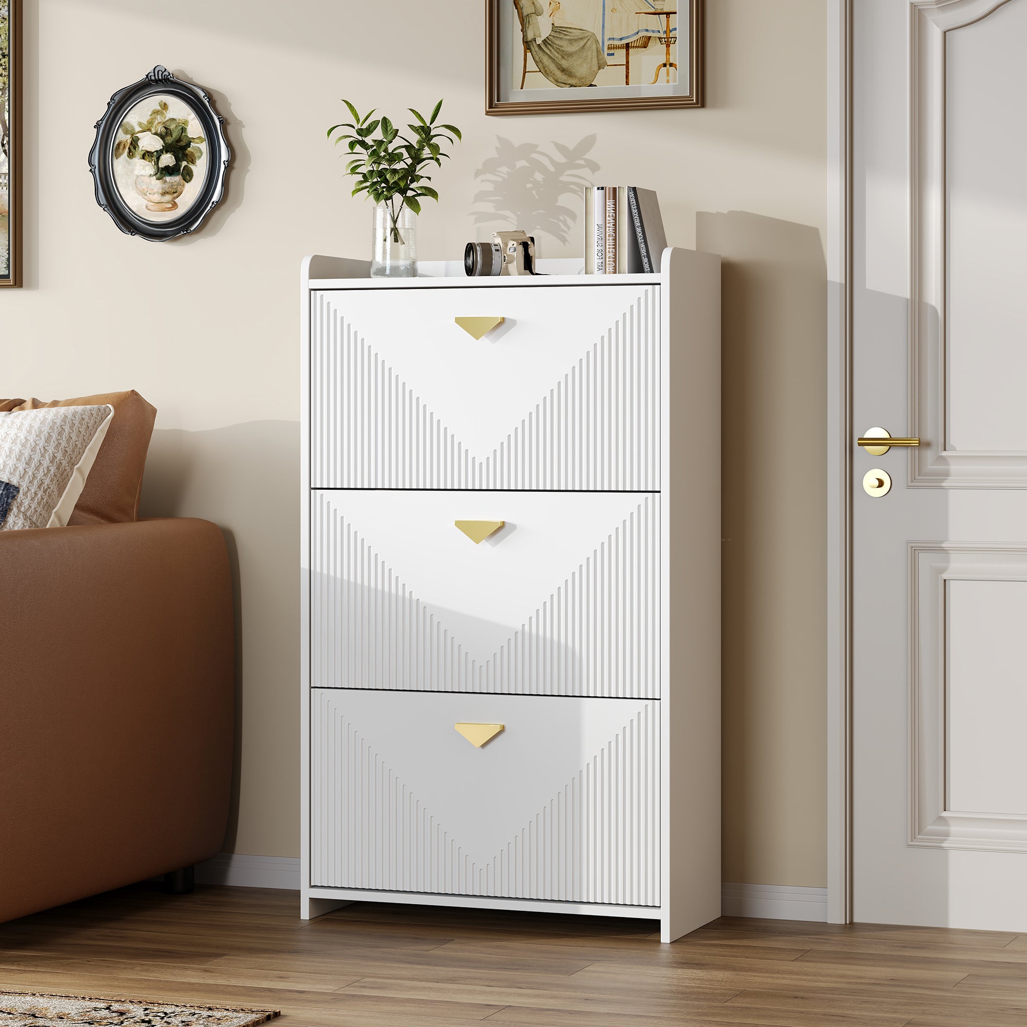 Meuble à chaussures avec 3 portes rabattables - 70 x 30 x 120 cm - MDF - Blanc - 6