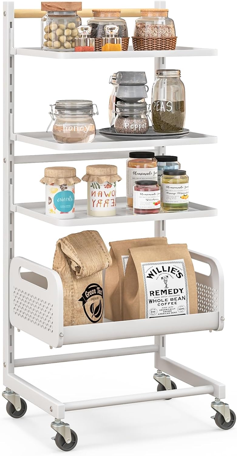 Wózek z 4 poziomami, wózek do serwowania z regulowanymi półkami, wózek kuchenny z rolkami i uchwytem, wózek do przechowywania do kuchni, biały