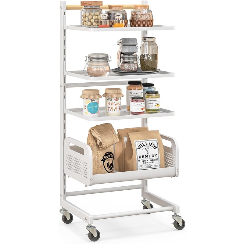 Wózek z 4 poziomami, wózek do serwowania z regulowanymi półkami, wózek kuchenny z rolkami i uchwytem, wózek do przechowywania do kuchni, biały