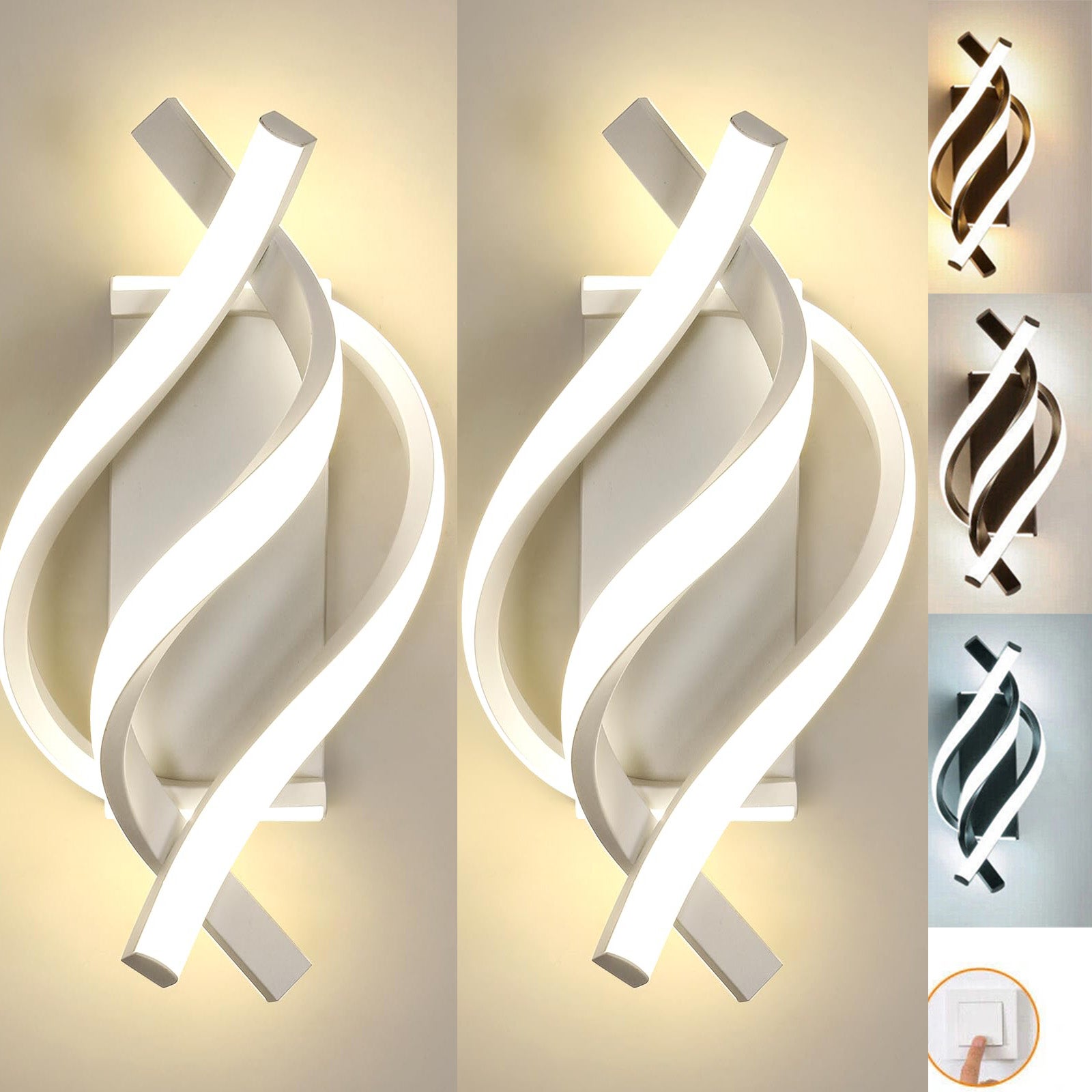 (Biały) Kinkiet wewnętrzny LED 18 W, nowoczesny, spiralny kinkiet, regulowana temperatura barwowa 3000 K-6500 K, do sypialni, salonu, balkonu