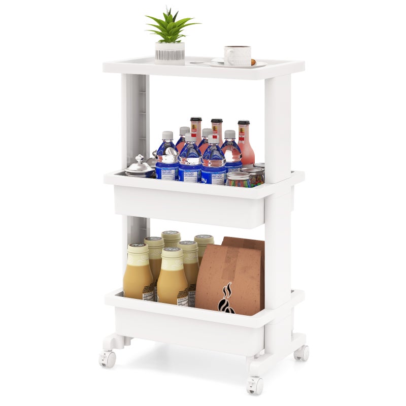 3-stopniowy wózek z blatem stołu, wielofunkcyjny wózek do przechowywania z 2 otwartymi półkami do kuchni, łazienki, biały