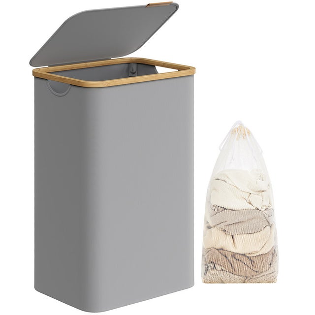 Panier à Linge Pliable 63L Avec Couvercle - Tissu Oxford, Sac Intérieur Amovible, Poignées Bambou