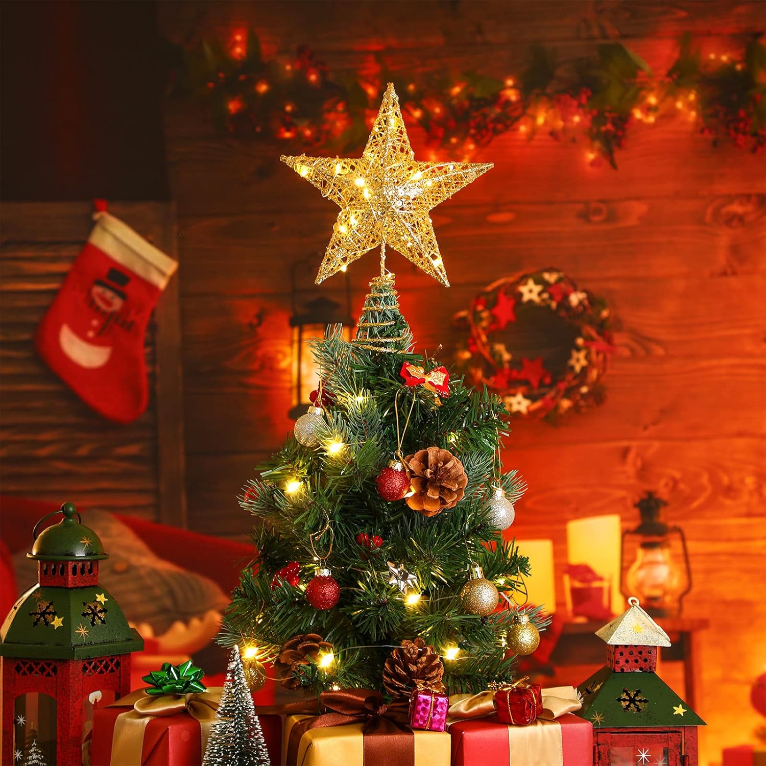 Topo de árvore de Natal, decoração de Natal, topo de árvore de estrela de Natal com luz LED, enfeites de árvore de Natal, dourado - 2