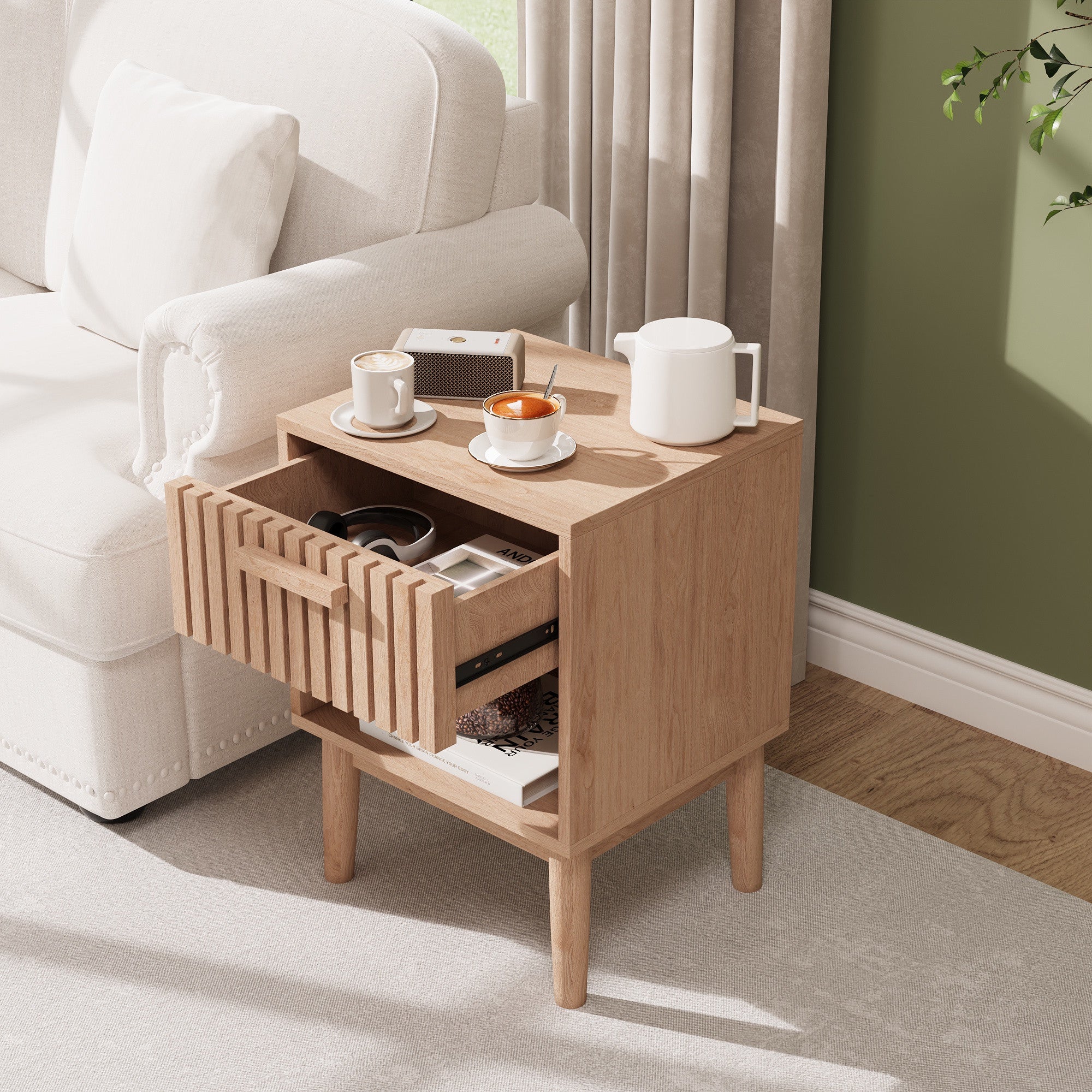 Lot de 2 Tables de Chevet - 40x35x55cm - avec Tiroir Ondulé et Niche Ouverte - Pieds en Bois Massif - en Bois Clair - 9